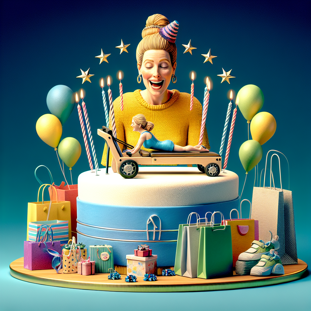 Photo of a unique birthday celebration where a woman, surrounded by shopping bags and baby items, blows out candles on a cake shaped like a Pilates reformer.
Generated with these interests: Shopping, Baby, and Pilates.
Made with ❤️ by AI.