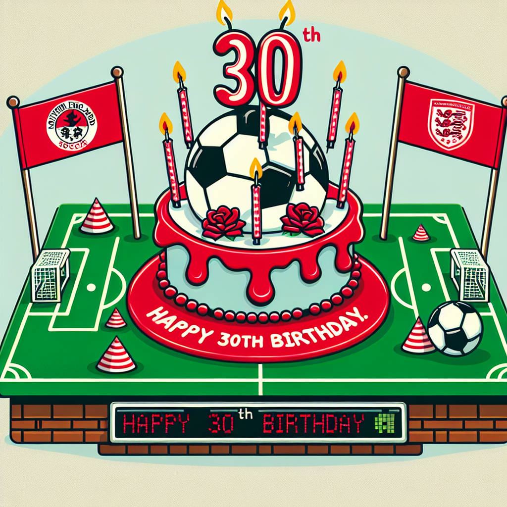 A playful 30th birthday vector design that incorporates soccer elements. Catering to a fan of a popular northern England soccer team, the card humorously characterizes a soccer field as a birthday cake, complete with red icing similar to that team's color and a soccer ball as the cake topper. Flags that resemble the team's emblem embellish the 'party pitch'. To add a personalized touch, a quirky 'Happy 30th Birthday' message is shown on the digital scoreboard.
Generated with these themes: Soccer , Football, Liverpool , and 30th.
Made with ❤️ by AI.