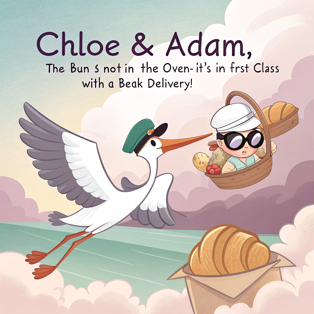 At the top of the image, "Chloe & Adam, the bun’s not in the oven—it's in first class with a beak delivery!"

- Depict a comical vector scene where a dapper stork in aviator sunglasses and airmail cap soars across a pastel sky.  
- Instead of a baby, the stork is clutching a freshly baked, golden-brown croissant in a bundle, tied delicately in a striped napkin.  
- The stork looks slightly confused but proud.  
- Below the stork, add fluffy clouds shaped like whisks, bottles, and rolling pins for extra baking humor.  

Add at the bottom of the image, “Crongratulations, you baked a mini croissant!”  
- Make “crongratulations” look slightly flaky or buttery, with stylized typography to mimic croissant layers.  
- Optional tiny musical notes or hearts wafting up like steam from the croissant to add a touch of adorable warmth.
Generated with these themes: A stork is bringing a croissant instead of a baby, add text saying “crongratulations, you baked a mini croissant”.
Made with ❤️ by AI.