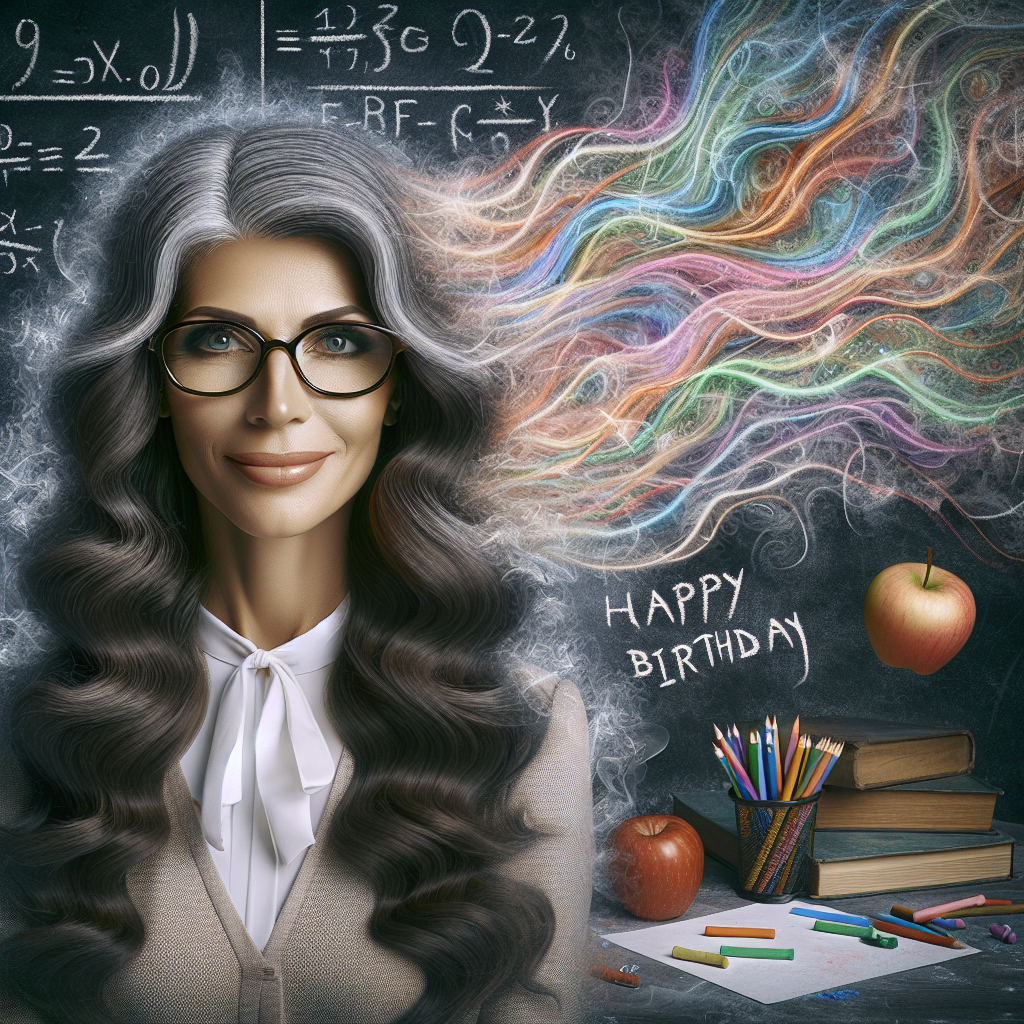 Create a dreamy piece of art where a Hispanic schoolteacher with long, chocolate-hued hair smiles behind the veil of her spectacles. She is standing in a classroom where the chalkboard is a portal to imagination. The phrase 'Happy Birthday' is hovering behind her, seemingly scribbled from vibrant crayons by unseen students. The blackness of the chalkboard spirals out into the room, evolving from mathematical equations into magical whims. Objects associated with teaching, i.e., apples and books, depict an animated existence, symbolizing the alive nature of her teachings. The entire scene is wrapped in delicate threads of white mist, subtly portraying the motherly love the teacher exudes.
Generated with these themes: White, Long straight brunette hair, Happy Birthday, Primary School Teacher, Glasses, and Teaching.
Made with ❤️ by AI.
