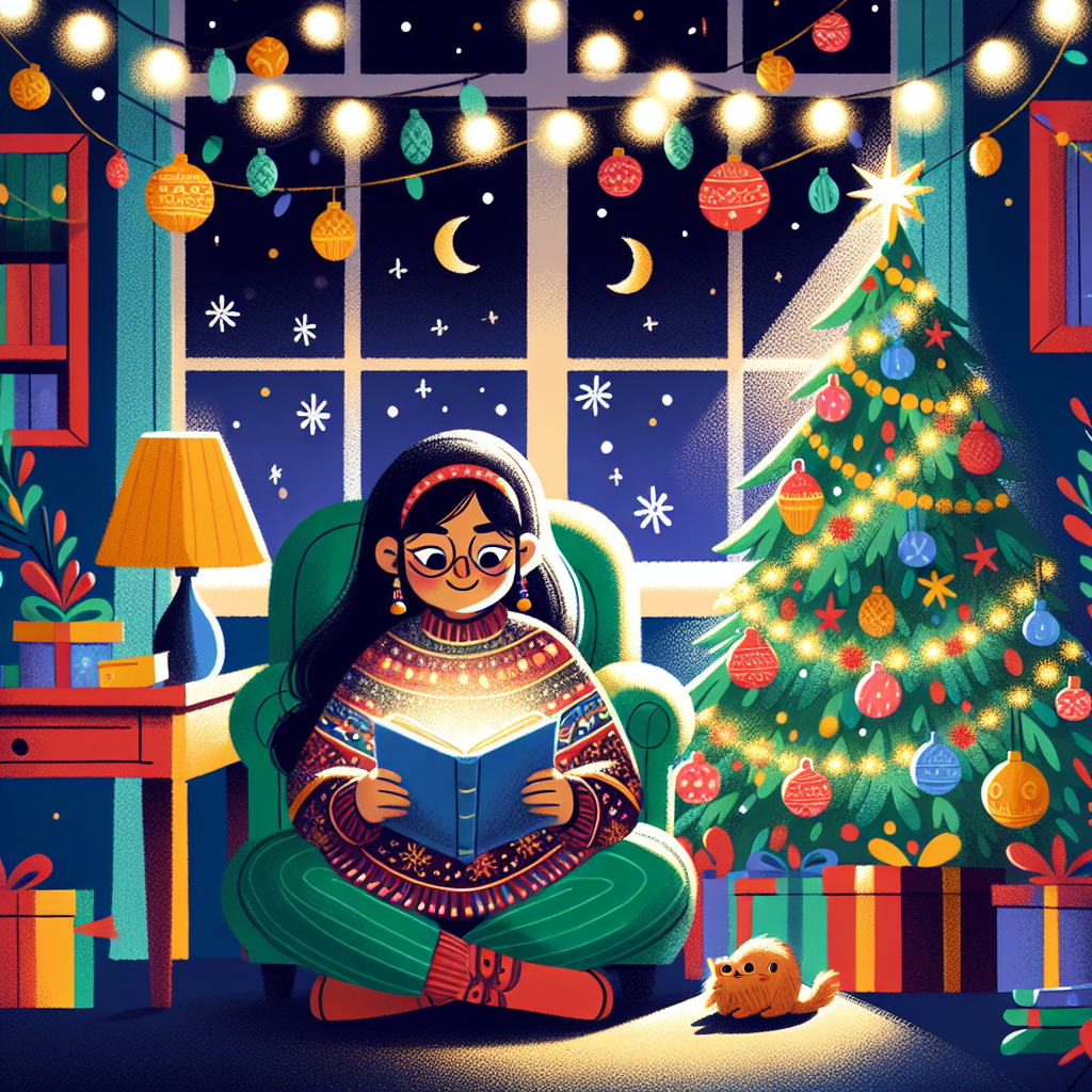 The holiday scene is charmingly illustrated in a cartoon style, radiating the warmth of Christmas, complete with decorations and a joyful ambiance. Nevertheless, the anticipated presence of a pet is notably absent, as the focus is instead on an individual deeply engaged with a book.
.
Made with ❤️ by AI.