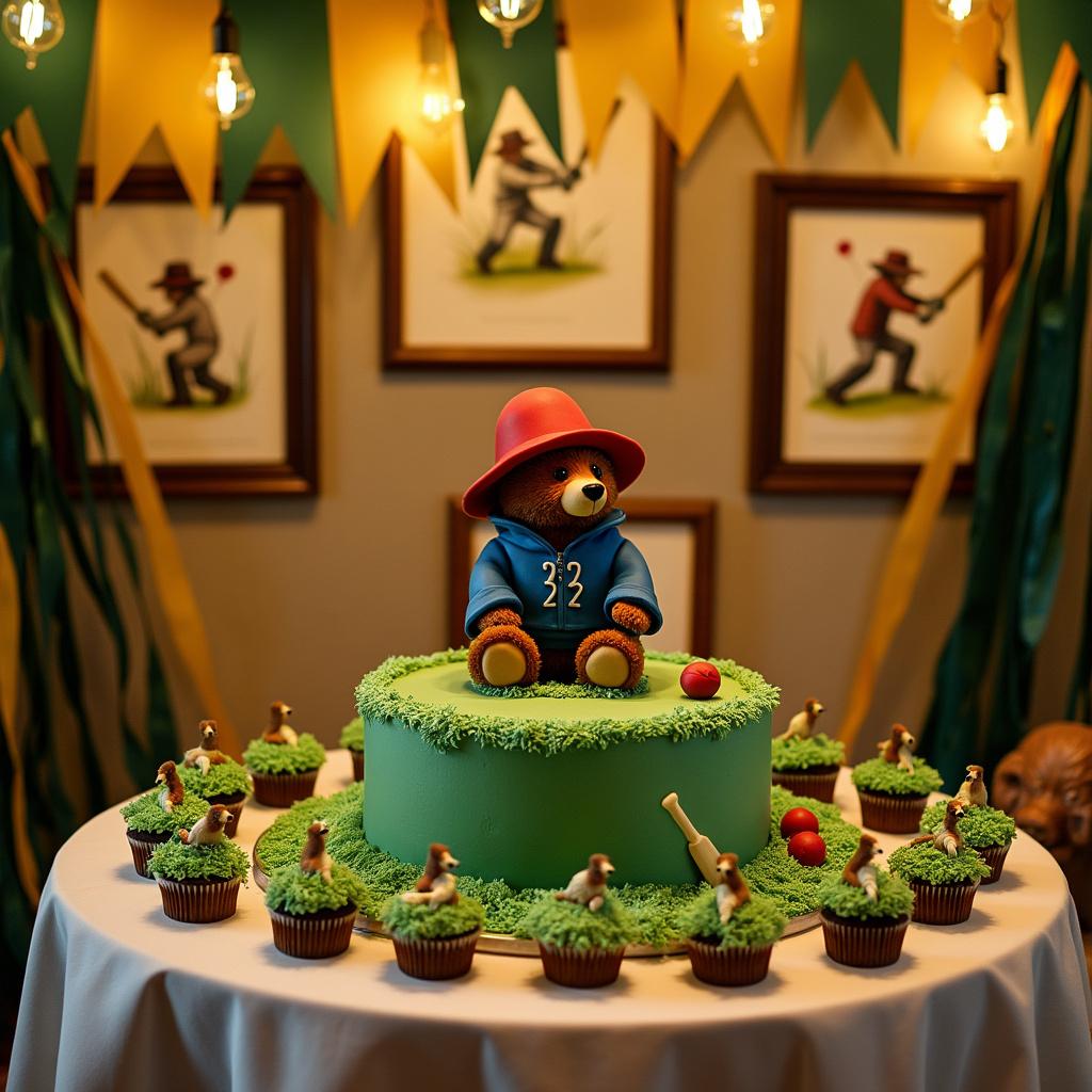 The second variation features a round table dressed in a white linen cloth, set at the center of a decorated room. Atop the table is a meticulously crafted fondant model of Paddington Bear, wearing his signature red hat and sporting a cricket jersey bearing the number '32'. In his paw, he holds a miniature fondant cricket ball, poised as if ready to bowl. The room is adorned with crisscrossing streamers in hues of deep green and yellow, emulating the colors of a cricket pitch. Flanking the main cake on either side are cupcakes frosted in green to resemble a field, with petite sugar cricket bats and balls. Wall decorations include framed illustrations of Paddington engaged in various cricket actions, such as batting and fielding, and actual cricket gear like pads and gloves is artfully arranged against the corners of the room. The ambiance is completed by a soft yellow glow from overhead string lights, with each bulb encased in a tiny Paddington Bear silhouette lantern.
Generated with these themes: Paddington bear, and Cricket .
Made with ❤️ by AI.