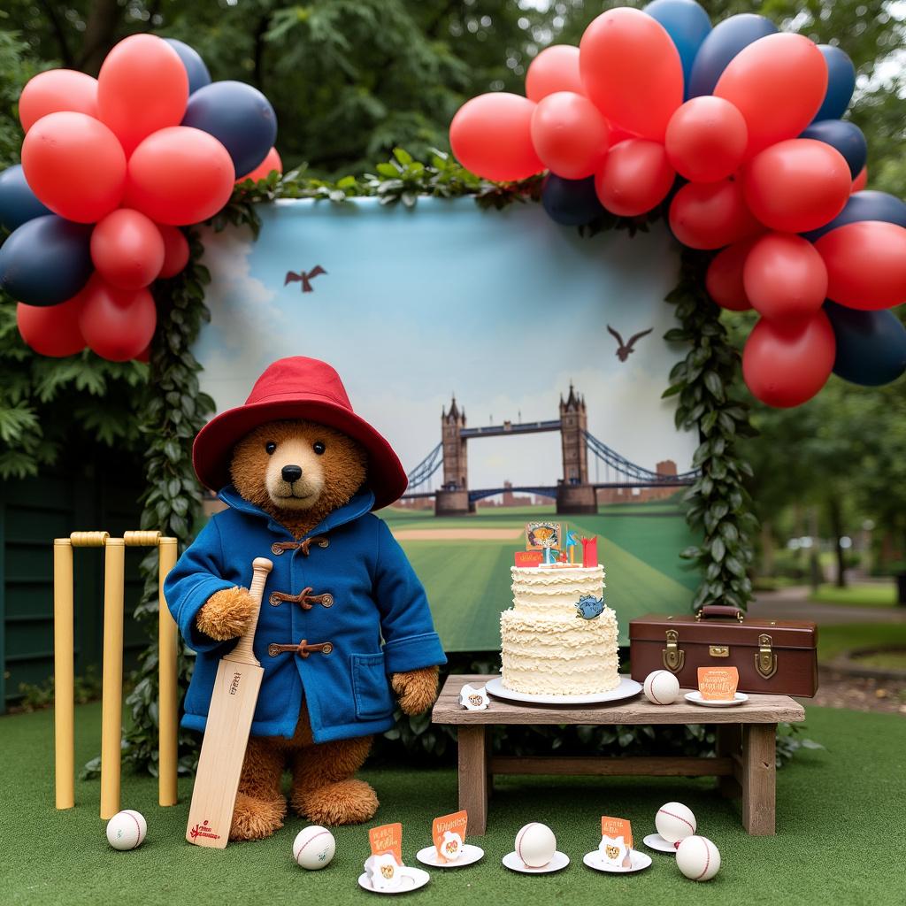 In the first scene, the main attraction is a life-sized Paddington Bear figure situated at the center of a lush green cricket field. Paddington is dressed in his iconic blue duffel coat, complete with wooden toggle buttons, and a floppy red bush hat, holding a wooden cricket bat in one paw. Surrounding Paddington are clusters of red and blue balloons, with the strings held down by miniature cricket balls at the base. On a table to the right, there is a two-tiered birthday cake, frosted to resemble the texture of a cricket ball on the bottom tier, and the top tier designed to mimic Paddington's coat. Scattered on the table are small plates, each adorned with an image of Paddington's suitcase. The backdrop is a hand-painted banner showing a scene of London with the Tower Bridge and includes a small cricket pitch in the foreground. The entire setup is on the cricket field, flanked by two sets of stumps and bails at either end.
Generated with these themes: Paddington bear, and Cricket .
Made with ❤️ by AI.