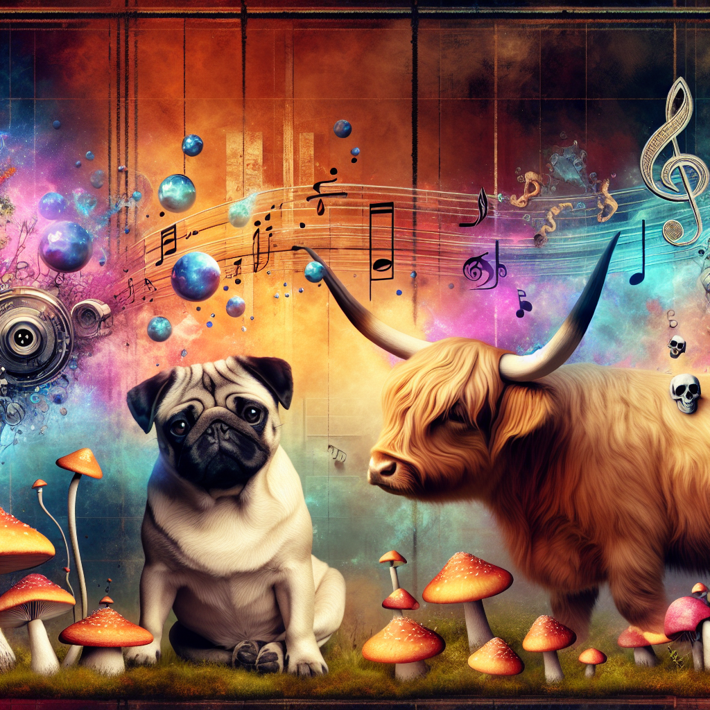Create an anniversary image that blends joy, eccentricity, and artistic flair. In the forefront, depict a whimsy pug making eye contact with a peaceful highland cow, surrounded by a landscape of vibrantly-colored mushrooms implying a mystical gathering. Musical notes and treble clefs float above them, subtly hinting at an underlying silent melody. The background cleverly weaves in technological symbols and artistic tools, a nod to innovative thinking and creativity. Along the margins, nestle tiny skulls, punctuating the overall sweetness of the scene and infusing an element of bold artistry.
Generated with these themes: Music , Mushrooms , Colourful , Pug, Highland cow, Tech, Art , and Skulls .
Made with ❤️ by AI.