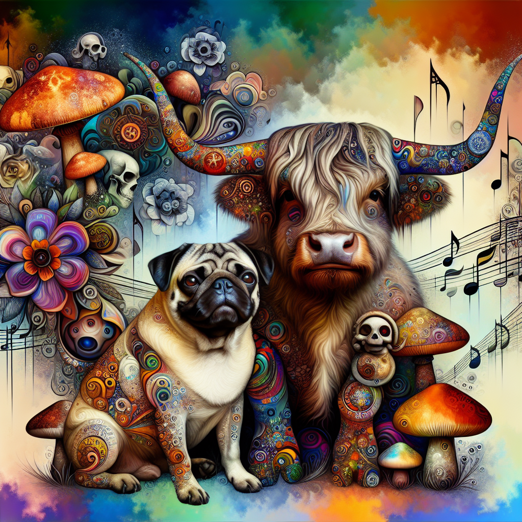 Imagine an enchanting and tender image celebrating a milestone. To start, position a delightful pug and a rugged highland cow sitting together at the center, enveloped by an assembly of vivid and variegated mushrooms. Pictorial expressions of tunes and musical signs weave around them, generating an air of rhythm and melody. For the background, portray a lively contrast of motifs inspired by technology and conventional artworks, representing a fusion of the new and the old. Subtly incorporate outlines of skulls along the boundaries of the image, contributing to its depth and injecting an element of distinctiveness.
Generated with these themes: Music , Mushrooms , Colourful , Pug, Highland cow, Tech, Art , and Skulls .
Made with ❤️ by AI.