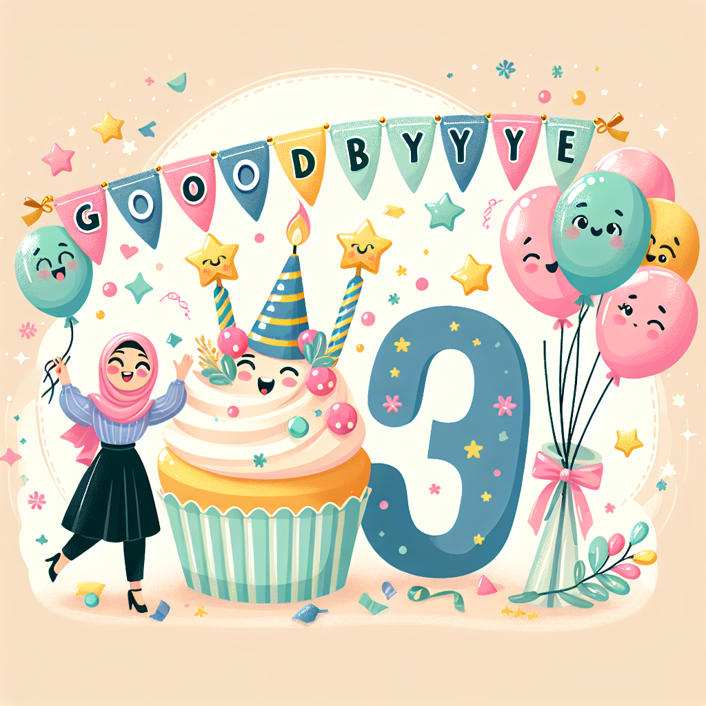 Create an image of a fancy and fun birthday celebration themed as 'Goodbye 30.' Imagine a colorful banner positioned across the top corner, bearing the words 'Goodbye 30.' The numbers '3' and '0' should have joyful faces and should be portrayed as waving goodbye. A delightful cupcake with a festive hat is spilling over with confetti, placed near a happy individual of Middle-Eastern descent and unspecified gender happily holding balloons. Surround them with small stars and delicate decorations in soft pastels to create an inviting and warm birthday atmosphere.
Generated with these themes: Good bye 30.
Made with ❤️ by AI.