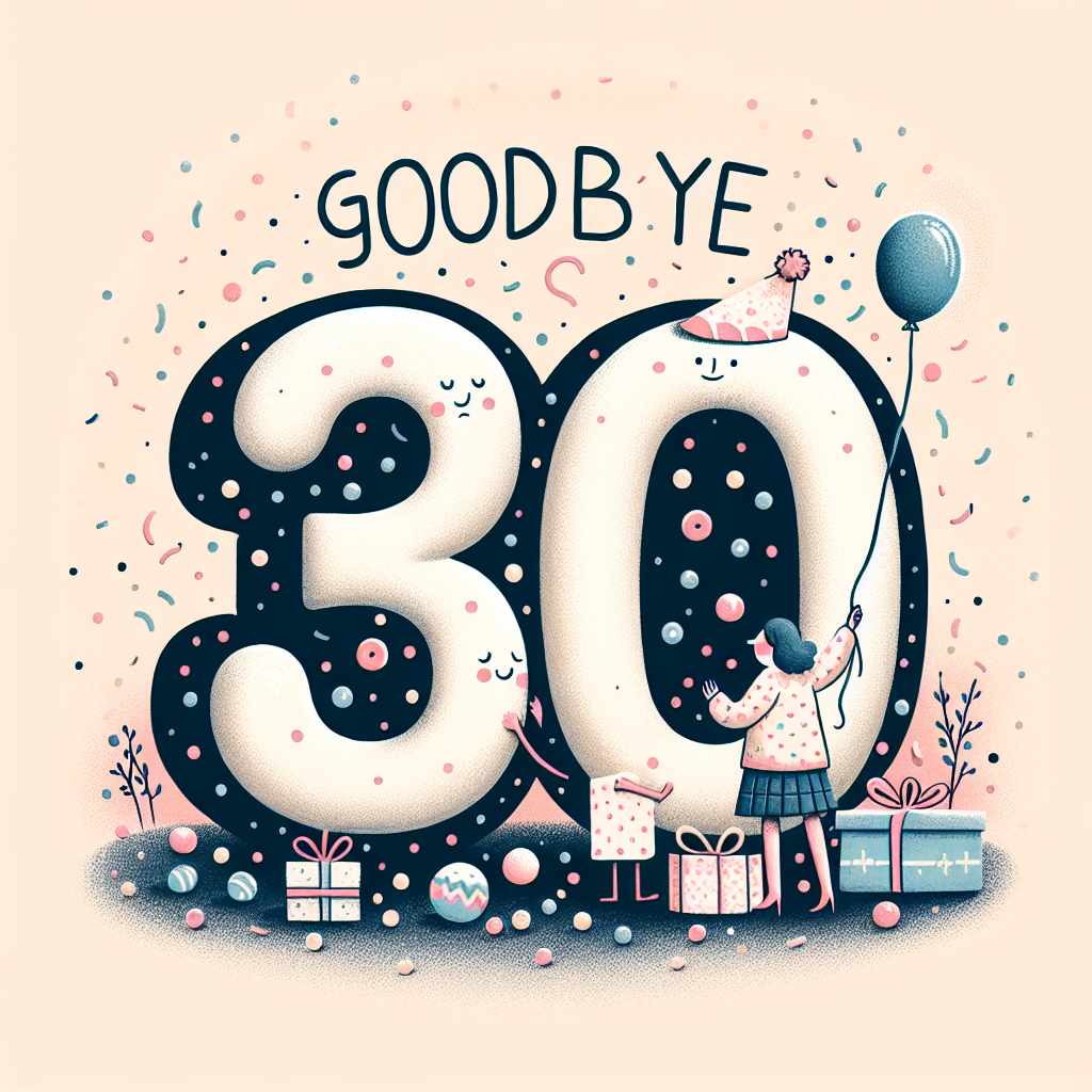 An affectionate illustration centred around a birthday theme. In the middle, 'Goodbye 30' is displayed prominently where the numbers interact in an amusing manner. The '0' seems slightly deflated while the '3' comfortingly wraps its arm around, holding a balloon. Small festive elements such as sprinkles, dots and tiny gifts dot the backdrop, establishing a celebratory mood for birthday. A cheerful figure stationed in a corner bids farewell to the thirties with a warm, inviting smile.
Generated with these themes: Good bye 30.
Made with ❤️ by AI.