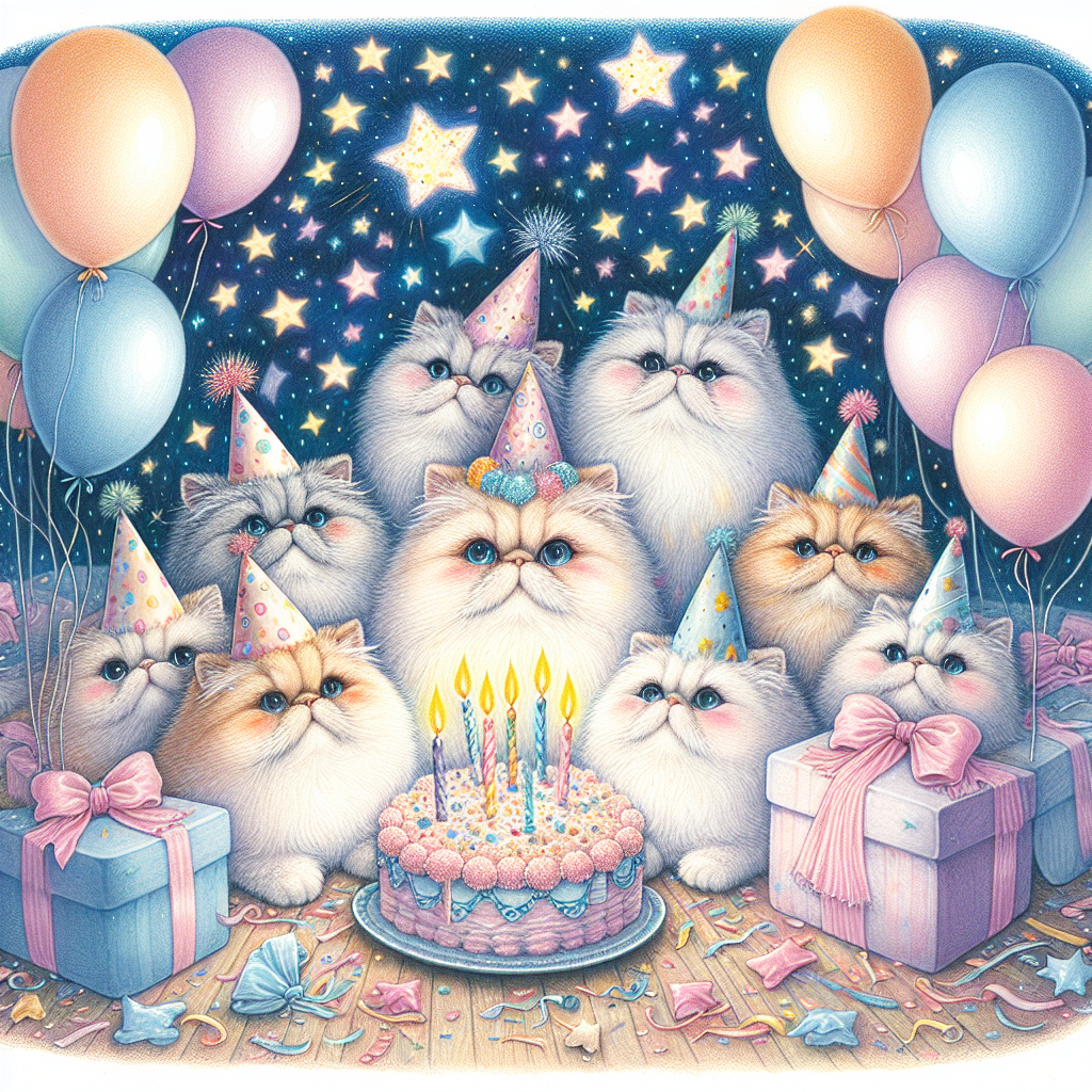 A whimsical birthday illustration that captures the exuberance of a party. At the heart of the image, there's a group of delightful Persian cats showcasing festive hats, their fluffy fur, and expressive eyes encapsulating charm. They are nestled under a starry expanse giving a feel of magic to the scene. Pastel-colored balloons float on the periphery while the ground is scattered with confetti, hinting at a burst of birthday thrill. Every star sparkles softly, contributing to a fantastical ambiance of the illustration.
Generated with these themes: Pershion cats, and Stars.
Made with ❤️ by AI.
