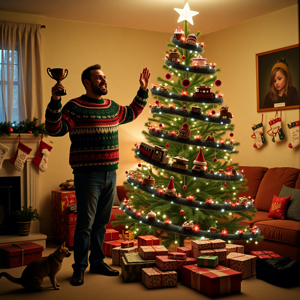 In the middle of a cozy living room, a proud dad, wearing a delightfully tacky Christmas sweater adorned with blinking LED lights shaped like reindeer, stands triumphantly in front of an enormous Christmas tree. The tree is a wild spectacle: it reaches up to the ceiling and bends at the top, almost as if trying to poke its way through the roof. It's overloaded with an eclectic mix of decorations – handmade ornaments by the kids, including a lopsided clay snowman and a paper chain garland that winds chaotically from branch to branch. The tree is crowned, somewhat absurdly, by a large, glittery star that wobbles precariously. 

The dad, with an exaggerated grin, holds up a gingerbread cookie in the shape of a trophy, which he's just awarded to himself for successfully assembling a bewilderingly intricate toy train set that snakes its way through the tree branches and spirals around the base. The train, complete with smoke puffs and a tiny conductor waving, choo-choos happily along its tracks, its headlight illuminating the dad’s face with a warm glow. Beneath the tree, piles of colorful presents are arranged in a haphazard yet charming manner, each wrapped in paper with bizarre patterns – from dancing polar bears to elves playing saxophones. Nearby, a cat, lazily draped over a stack of unopened board games, seems completely unfazed by the holiday chaos. 

In the background, a family portrait hangs on the wall, but with a quirky twist: it's been digitally altered so that everyone in the photo, including the dog, is wearing oversized Santa hats. The room is filled with little festive details, like a mistletoe hanging in the corner with a 'Kiss Zone' sign, stockings on the mantle with names embroidered in uneven letters, and fairy lights draped over furniture like a sparkling web. All these elements together create a bustling, delightfully chaotic holiday scene that captures the spirit of a very proud, slightly over-the-top dad at Christmas.
Generated with these themes: for a very proud dad.
Made with ❤️ by AI.