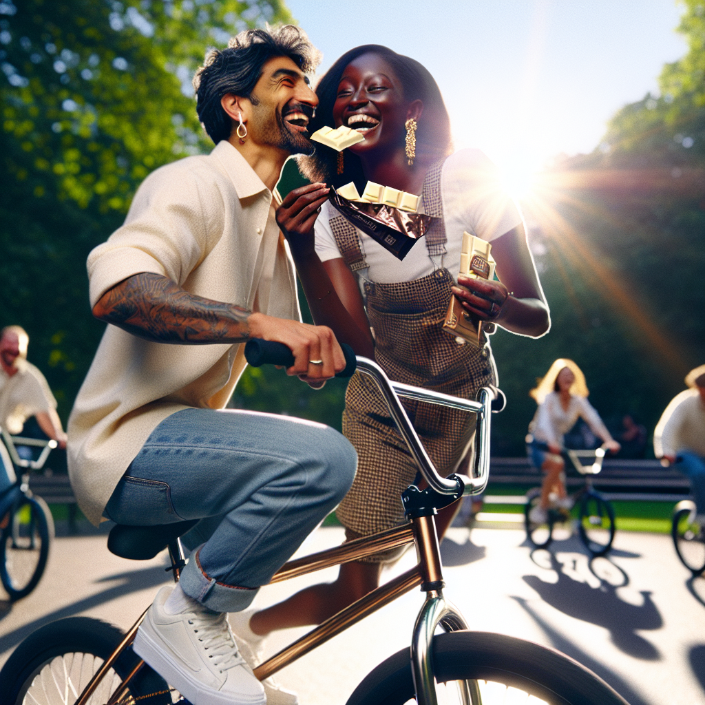 Create an image that embodies the joy of an anniversary celebration, set within the whimsical realism of a city park. In the center of the scene, depict a South Asian man and a Black woman, their happiness evident as they share a shared ride on a sleek BMX bicycle. The everyday energy of the park around them is transformed into something special, highlighted by the sunlight glinting off the bike's frame. They are laughing and relishing bites of delectable creamy white chocolate, their enjoyment reflective of the sweet time they have spent together.
Generated with these themes: Riding a BMX while eating white chocolate.
Made with ❤️ by AI.