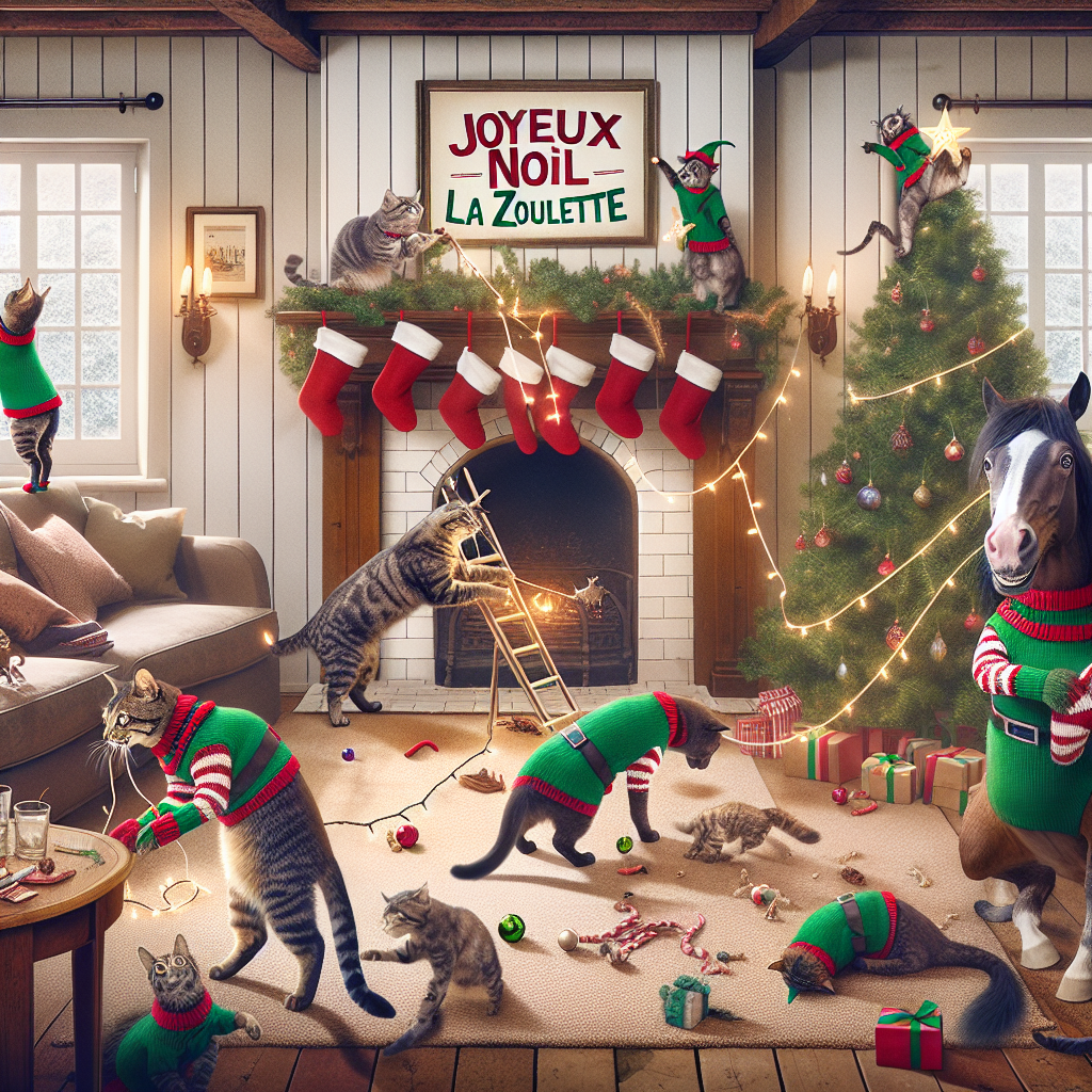 In this playful Christmas illustration, a festive living room is filled with cats tangled in a string of lights, batting at ornaments on a tree, while horses in elf attire try to decorate, causing a delightful mess. The scene includes a fireplace mantle where stockings are hung, and above it, the text 'Joyeux Noël la ZOULETTE' is displayed perfectly, capturing the essence of the holiday chaos.
Generated with these themes: With cats and horses.
Made with ❤️ by AI.