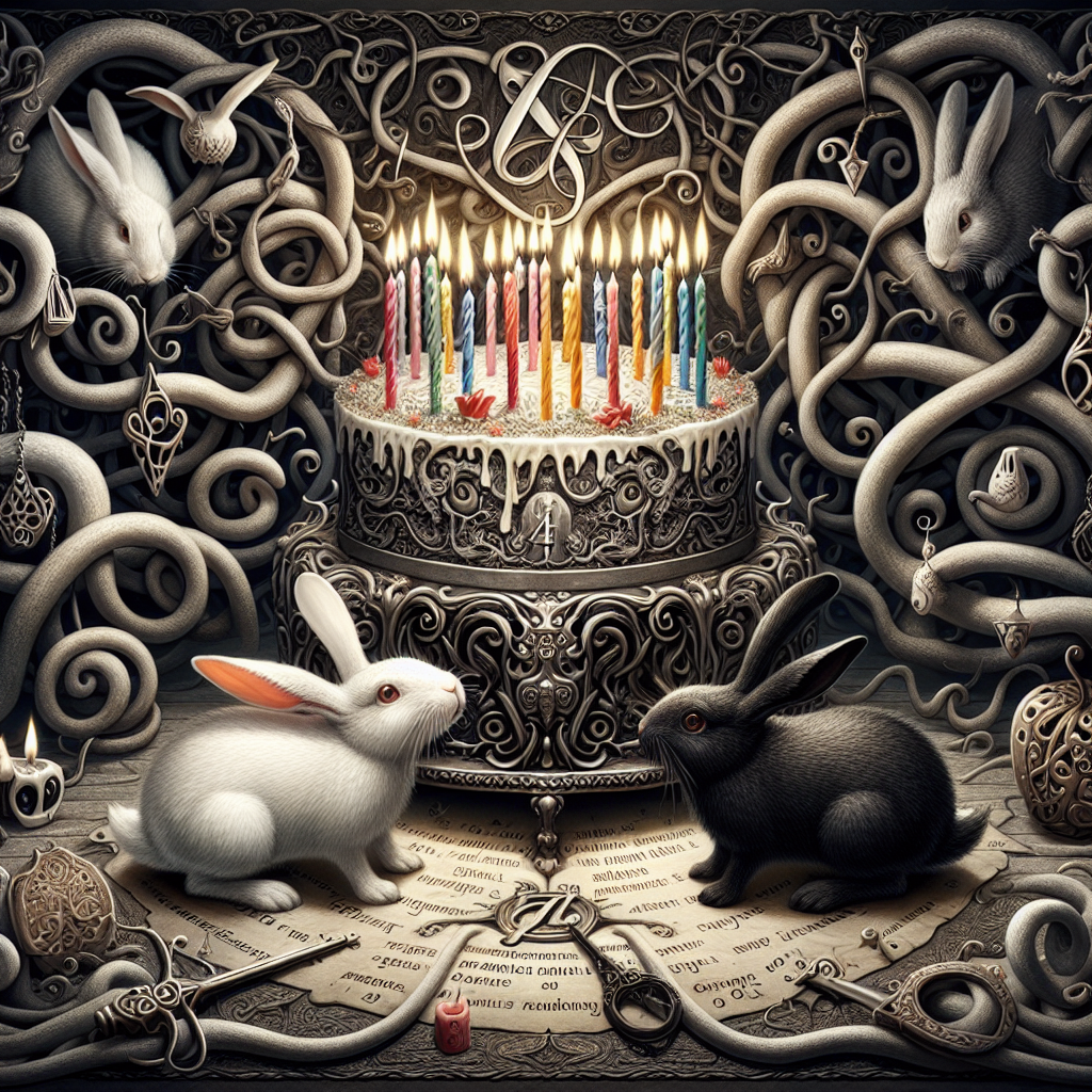 Imagine a whimsical birthday scene with a gothic touch. A white rabbit and a black rabbit, serve as enigmatic guides, symbolizing the yin and yang of perspectives. They with through an environment surrounded by winding vines and archaic symbols that lie along the borders, symbolizing the complexity and intricate beauty of the mind. Each element is a representation of individuality, acknowledging the distinct thoughts and perspectives of an individual with Autism or ADHD. Amidst this chaos, the rabbits are jumping around an ornate antique-style birthday cake. Flickering candles sit atop this cake, inviting the viewer to appreciate uniqueness and the extraordinary in everyday life.
Generated with these themes: Gothic, White rabbit, Black rabbit, Autism, and Adhd.
Made with ❤️ by AI.
