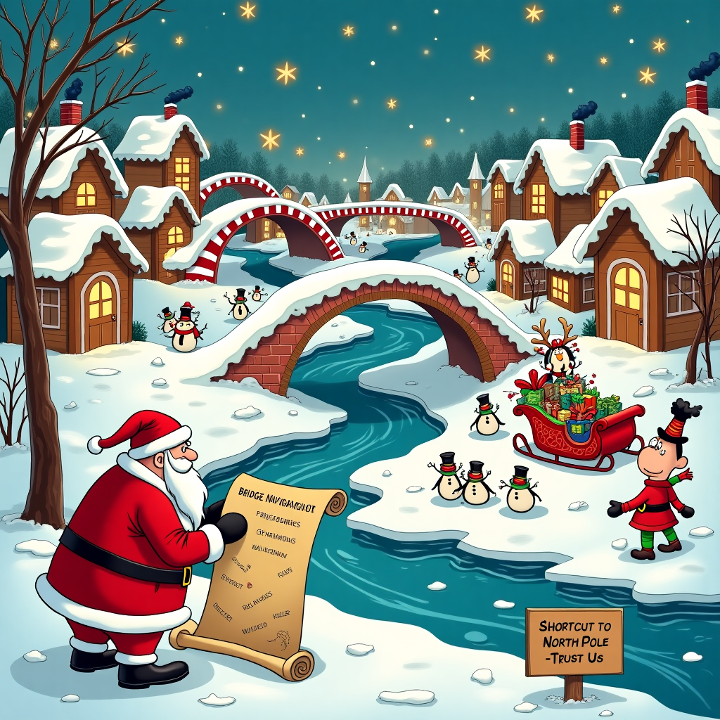 In a snow-draped wonderland, a charming Christmas village sprawls out across the card. Picture an enchanting setting with whimsical, cartoon-style details reminiscent of Charles Schulz's Peanuts or Bill Watterson's Calvin and Hobbes. Seven distinctive bridges of various quirky designs arch over a meandering, frozen river that cuts through the village. The bridges, crafted from candy canes, gingerbread, and sparkling tinsel, each have their own unique flair – one bridge is shaped like a sleigh, complete with reindeer, while another is adorned with colorful, blinking lights.

Above the bridges, the sky twinkles with a cascade of oversized, snowflake-shaped stars that seem to wink with mischief, a nod to Winsor McCay's dreamlike creations. On the banks of the river, groups of cheerful snowmen – each sporting eccentric accessories like top hats, scarves, and mittens – are engaged in a snowball fight, evoking the playful chaos found in Gary Larson's The Far Side.

In the center of this bustling scene, Santa Claus, looking slightly bewildered, is consulting a large, unfolded map titled "Bridge Navigation for Dummies," hinting at his predicament. His sleigh, overflowing with brightly wrapped presents and comically askew antlers on the reindeer, waits nearby, ready for the journey. In the background, cartoonish animals like penguins and polar bears, clearly inspired by the comical style of Osamu Tezuka, join in the holiday festivities, adding layers of charm and humor.

A pair of mischievous elves, dressed in vibrant, patchwork attire that echoes the playful detail of R. Crumb's underground comix, peek from behind one of the bridges, giggling as they hang a sign reading, "Shortcut to the North Pole - Trust Us!" The village itself is alive with activity, as its cozy, gingerbread-like houses glow warmly, smoke curling from their chimneys. The overall scene, brimming with detail and character, invites the viewer to discover a new element with each glance, ensuring a delightful Christmas adventure that feels both familiar and refreshingly new.
Generated with these themes: Seven bridges.
Made with ❤️ by AI.