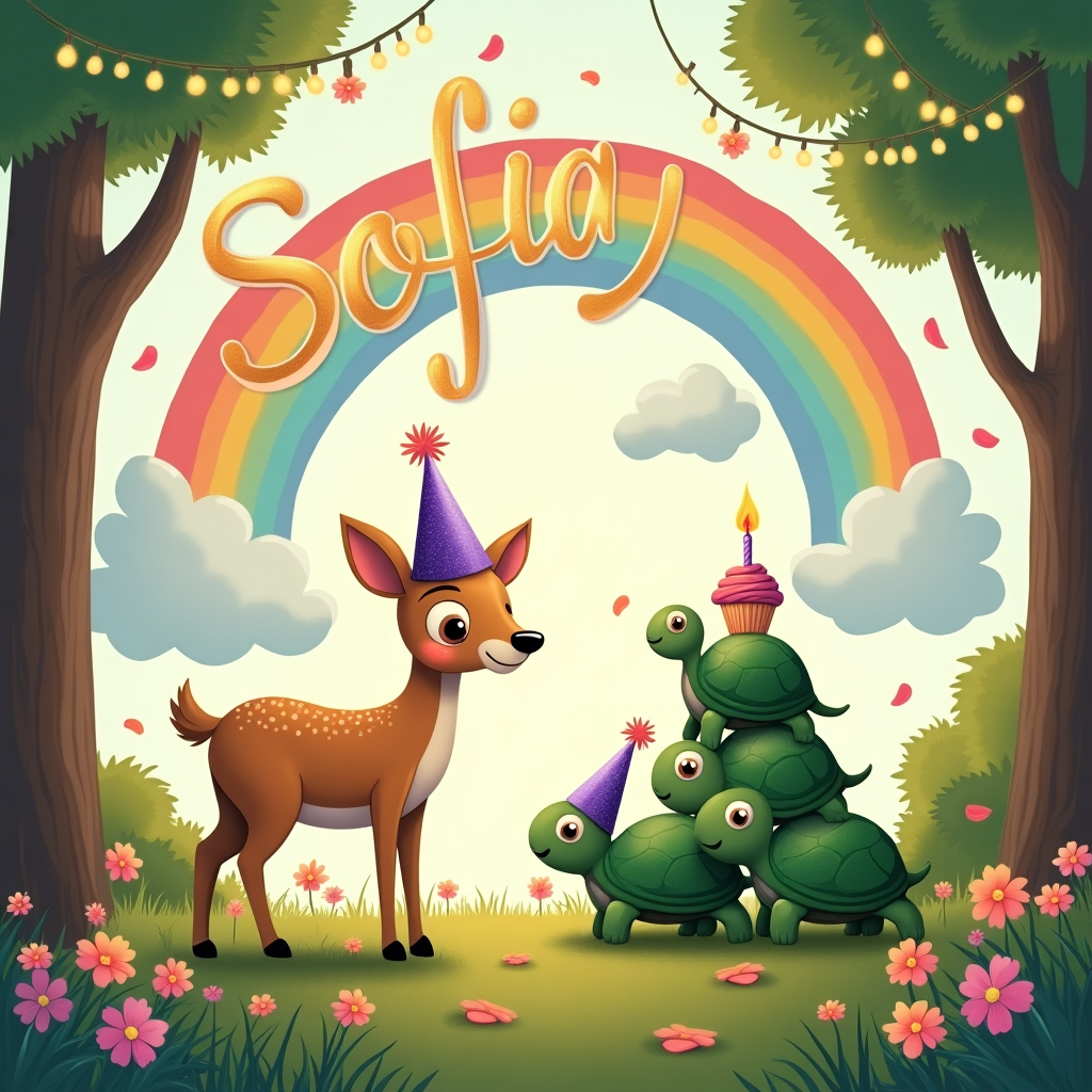 In a whimsical forest clearing, bathed in the soft light of a late afternoon sun, an enchanting birthday scene unfolds, perfectly merging magical elements and vibrant colors. At the heart of the illustration, a majestic light brown deer stands gracefully, its large expressive eyes glancing curiously at a trio of little happy green turtles. The turtles, with shells that gleam in varying shades of green, are playfully stacked upon each other's backs, forming a joyful pyramid. Each turtle sports a tiny party hat that seems to have sprung from a rainbow, filled with all the colors of the spectrum, and accented with a notable happy hue of purple.

Above them, a sweeping, iridescent rainbow arches across the sky, its bands stretching wide across the scene. Wisps of fluffy clouds hover beside the rainbow, cleverly spelling out the name "Sofia" in a soft, elegant script, as though the sky itself is wishing her a happy birthday. Nestled within the loop of the letter 'S' is a whimsical, frosted cupcake topped with a tiny purple candle that flickers with a gentle, golden glow.

Scattered around the scene are various wildflowers in bloom, their colors complementing the vibrant palette overhead. A delicate wind has scattered petals across the grass, adding a gentle texture to the forest floor. At the edge of the clearing, trees stand tall, their branches adorned with strings of twinkling lights, creating a natural frame that draws the eye towards the magical happenings at the center.

All these elements come together to craft a lively, detailed, and playful birthday card cover for "Sofia," celebrating her special day with nature's beauty and a splash of imaginative wonder.
Generated with these themes: Happy colors purple color turning 3 little happy green turtle light brown deer rainbow.
Made with ❤️ by AI.