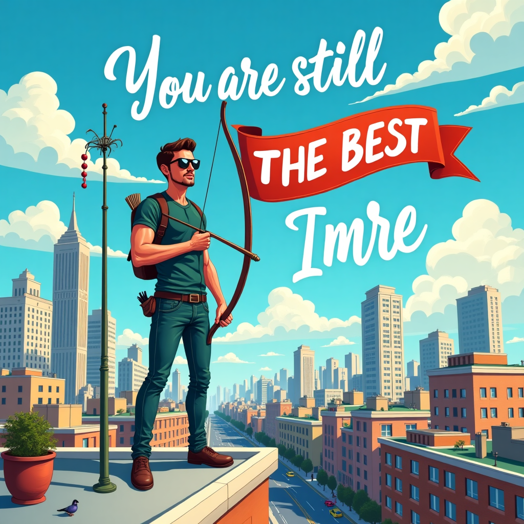 The front cover of the greeting card captures a vibrant and bustling city scene with tall skyscrapers soaring into the sky. In the foreground, standing confidently on a rooftop, is a man poised with a bow in one hand and an arrow ready in the other. His face is adorned with a wide smile and a pair of reflective sunglasses that glint in the sunlight. He wears a pair of well-fitted jeans and a dark green shirt that contrasts with the bright blue sky above.

Surrounding him, the cityscape stretches far into the distance, showcasing a myriad of buildings, each with windows that catch the light. The rooftops around him are adorned with small details like potted plants, antennae, and the occasional fluttering pigeon. Below, the bustling streets are hinted at with the movement of tiny cars and bustling pedestrians.

In the sky, the phrase "Thank You" appears as if written by a skywriter, its letters crisp and white against the azure backdrop. Below, in elegant script floating just above the rooftops, the text reads, "You are still THE BEST," in bold letters that draw attention.

Incorporated creatively into the scene is the word "Imre," subtly integrated into a bright red banner that flutters in the breeze on a nearby building's rooftop. The banner, vibrant and eye-catching, adds a personal touch, seamlessly blending into the urban tapestry of the city.

This illustration will deliver a thank-you message with a blend of realism and whimsical detail, using striking visuals and the unexpected placement of the text elements to catch the eye and evoke appreciation.
Generated with these themes: Make me a thank you card: It is a general thanks and I would like it to have a man with an arrow and a bow, standing in the middle of a high house city, smiling with sundglasses, with a jeans and dark green shirt, saying "thank you" and " you are still THE BEST".
Made with ❤️ by AI.