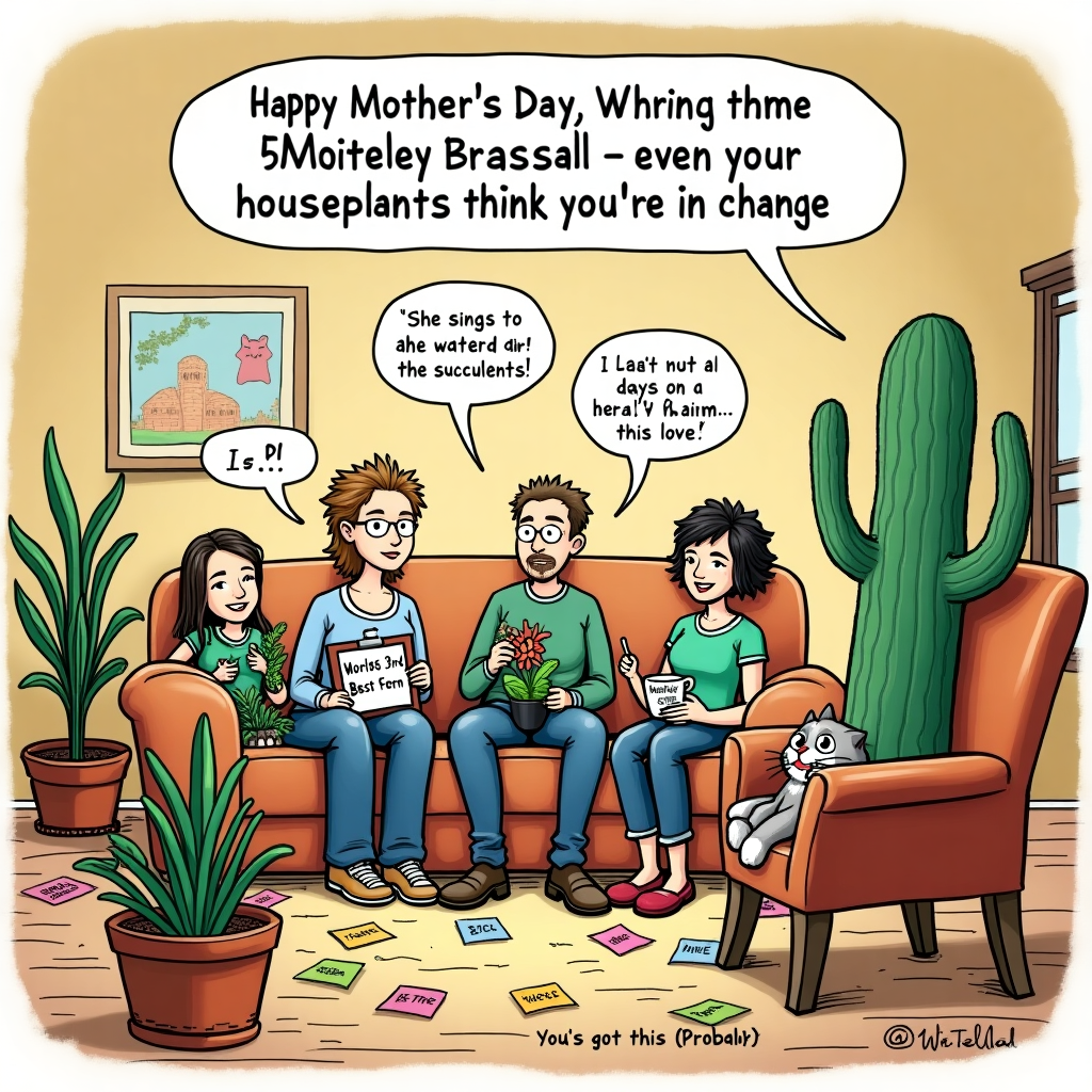 At the top of the illustration image: "Happy Mother’s Day, 5 Whiteley Brassall – even your houseplants think you're in charge!"

**Prompt for the image:**
An illustrated living room scene where various houseplants are in hilarious "support group" style seating—one's sprawled on a couch with a tiny mug saying "World's 3rd Best Fern", another one's scribbling on a clipboard like a therapist, and a cactus is dramatically raising a spiky arm. They're all gossiping animatedly about their "mother" (offscreen). One speech bubble says, "She sings to the succulents!" and another says, "I haven’t been watered in 9 days and I’m still thriving... is this love?"  

The setting is quirky, full of cozy chaos—laundry half-folded on a chair, cat curled in a flowerpot, and scattered sticky notes that read things like "Remember: Buy wine before patience runs out" and “You’ve got this (probably).” The colors are vibrant and warm, with playful linework and cartoon-style expressions on the plants to capture a cheeky, comedic mood.
Generated with these themes: 5 Whiteley Brassall.
Made with ❤️ by AI.