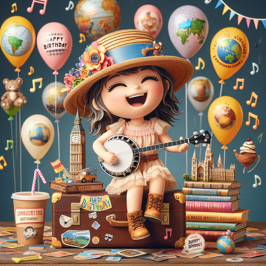 In this festive birthday scenario, a cartoonish depiction of a Caucasian sister radiates joy, sporting a hat typical for those with wanderlust, passionately playing a banjo with musical notes dancing around her. A whimsical pile of well-read books create an impromptu stage, and global travel-themed stickers enrich the suitcase she's perched upon. Floating in the background are balloons resembling popular international landmarks, creating a backdrop full of cheer, perfectly encapsulating a birthday celebration themed around travel and music.
Generated with these themes: Books, Music, Travel, and Sister.
Made with ❤️ by AI.