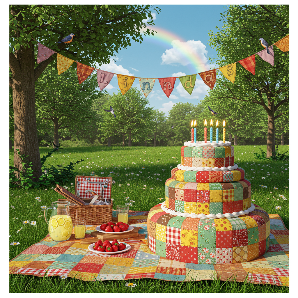 Front and center, imagine a bustling birthday party scene set in a vibrant and charming outdoor picnic area. The foreground features a grand birthday cake made of patchwork quilt patterns—each section of the cake is a different colorful fabric square, reminiscent of a cozy homemade quilt. The quilt squares feature rich colors: deep reds, sunflower yellows, forest greens, and ocean blues, creating a harmonious blend of vibrancy.

To the left of the cake, a small patchwork blanket is spread on the grass, made from the same quilt patterns. Upon it, an array of realistic picnic items is displayed: a wicker basket with a cloth napkin peeking out, a pitcher of lemonade with condensation droplets glistening in the sunlight, and a plate of bright red strawberries.

In the background, a clear blue sky is punctuated with fluffy white clouds. A vivid rainbow arcs gracefully across the sky. A string of colorful bunting stretches between two trees, each flag featuring a patchwork pattern. Suspended in the middle of this bunting is a festive banner, stitched with fabric letters that spell out "Linda" in a lively, swirling script.

The trees framing the scene are lush with green leaves. A light breeze seems to rustle through them, adding movement to the scene. The ground is covered in dappled sunlight, with patches of shadow from the trees. A few birds, depicted with intricate feather details, perch on the tree branches, adding to the lifelike feel of the image.

This whimsical yet realistic birthday card front captures the essence of celebration through its patchwork quilt theme, blending lifelike details with an imaginative twist.
Generated with these themes: Patchwork .
Made with ❤️ by AI.