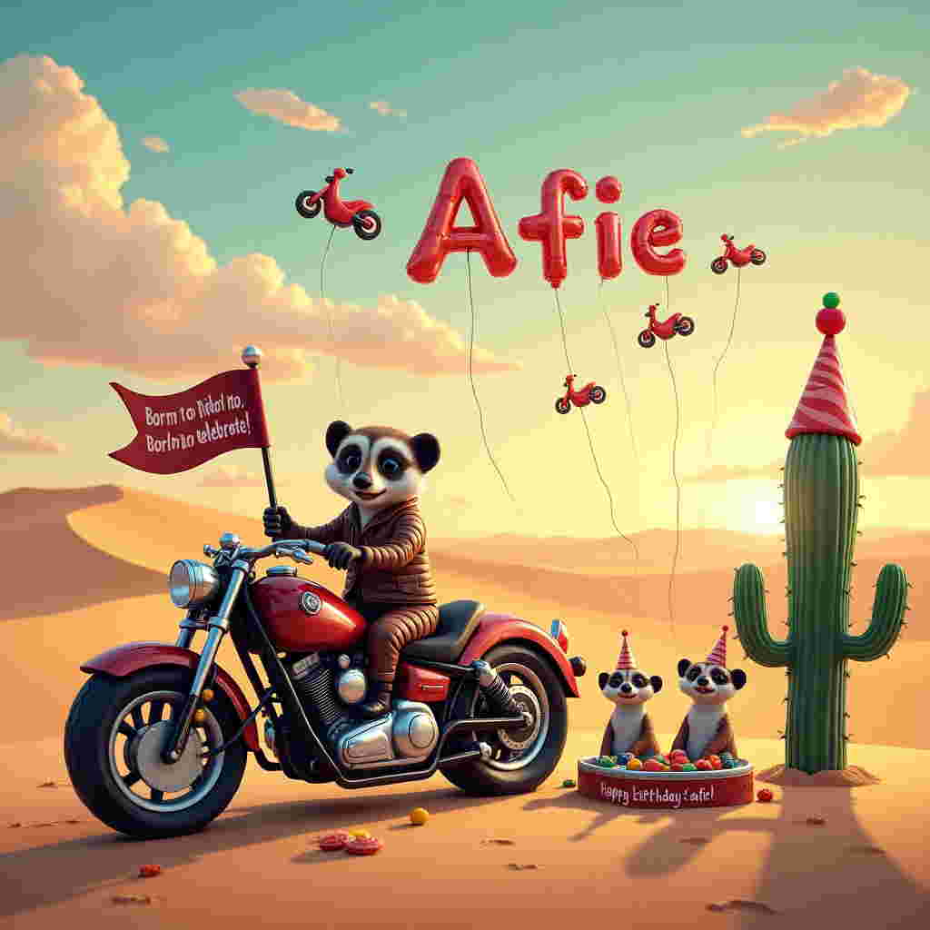 In the heart of a bustling desert, under a sky brushed with hues of orange and pink from the setting sun, a quirky and humorous birthday scene unfolds. The focal point is a grand birthday cake, shaped like a sleek motorbike, parked boldly atop a sand dune. This motorbike cake is adorned with intricate icing details that mimic chrome and leather, complete with mini edible headlights and a licorice chain for the bike's chain. Atop the cake, a tiny edible Afie figurine in a classic leather biker jacket and helmet holds a chocolate flag that flutters with “Happy Birthday Afie!” in bold frosting.

To the right, a family of desert meerkats, donning little helmets and goggles, gather around an open toolbox filled with colorful wrenches made of candy. One meerkat is humorously attempting to "fix" the cake with a cherry-topped wrench, while another holds a cream-filled tire ready to be added to the sweet creation. Nearby, a cactus sports a comical oversized party hat, with a banner strung between its arms saying, "Born to Ride, Born to Celebrate!"

In the sky above, fluffy clouds have mischievously formed the letters “Afie,” as if the wind decided to join the party by scribbling the name across the horizon. A friendly group of balloon animals shaped like motorbikes float in the sky, each tied with a ribbon that dances in the gentle breeze, casting playful shadows on the sand below.

The scene brims with humorous elements and vibrant details, making it the perfect backdrop for a uniquely memorable birthday greeting card celebrating Afie's adventurous spirit.
Generated with these themes: Motorbike, and .
Made with ❤️ by AI.