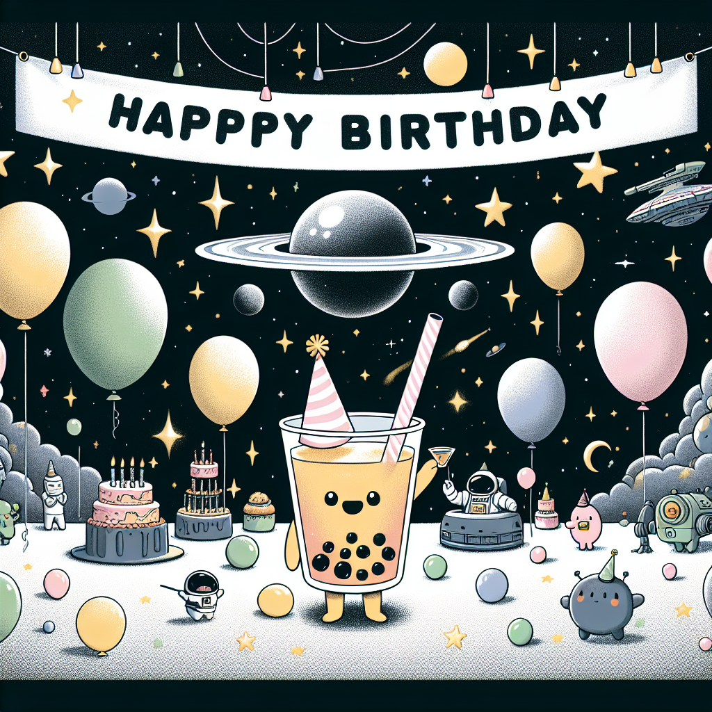 Visualize a festive birthday party filled with whimsy. The central focus of the scene is an endearing, bubble tea character complete with a tiny party hat, toasting jubilantly under a starlit sky reminiscent of a classic space adventure setting. Balloons are floating around, some uniquely shaped to mimic unknown intergalactic spacecraft. A banner hangs across the sky declaring 'Happy Birthday' in a font style mirroring that of an epic space odyssey's dramatic opening sequence.
Generated with these themes: Bubble tea, and Star wars.
Made with ❤️ by AI.