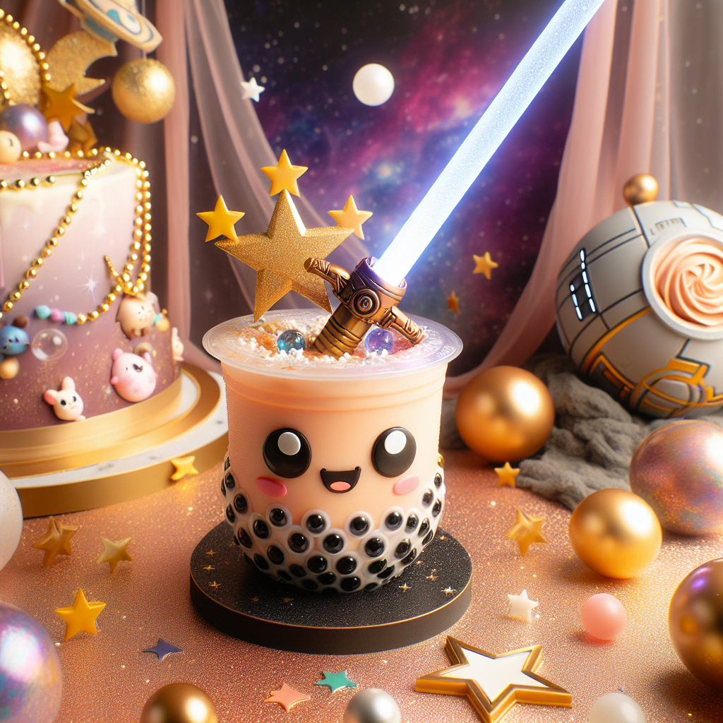 Surrounded by a celestial-themed decor, a delightful bubble tea cup with adorable eyes is clutching a beam sword, signifying the blend of birthday joy and space saga adventure. The environment around is gilded in soft hues, with dainty star-shaped confetti sprinkled throughout, mirroring a spirited space saga birthday party atmosphere, topped off with a birthday cake that has a topper shaped like a mythical interstellar vessel.
Generated with these themes: Bubble tea, and Star wars.
Made with ❤️ by AI.