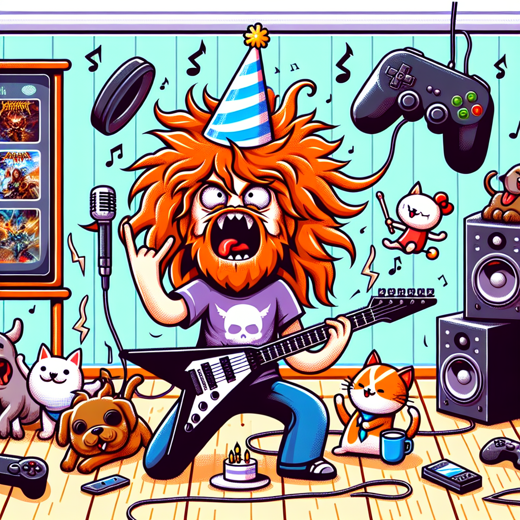 Create a lively and funny birthday-themed illustration. The main focus is a character with untamed ginger hair headbanging to metalcore music, their birthday hat sitting crookedly on their head. Animated cats and dogs are seen around them, holding small guitars and drumsticks, enhancing the rock atmosphere. In the backdrop, there are game controllers, consoles, and televisions that reveal certain nonspecific video games, escalating the gaming fervor in the whole scene.
Generated with these themes: Metalcore, Ginger hair, Cats, Dogs, and Video games.
Made with ❤️ by AI.