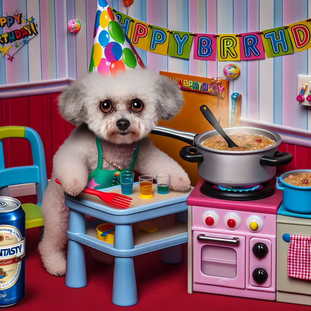 In a delightful birthday scene, an animated Bichon Frise, with expressive eyes and a multicolored party hat, is caught in the middle of cooking a fun feast. It's standing on its hind legs, skillfully operating a child's play kitchen where a pot bubbles with a scrumptious mixture. Prominently displayed on the counter is a can of fantasy brand lager, humorously incorporated into the culinary setting. Above, party streamers and a 'Happy Birthday' banner enhance the festive atmosphere, while the charming dog adds a pinch of cheer to the dish it's busy preparing.
Generated with these themes: Bichon frise cooking carling black label.
Made with ❤️ by AI.