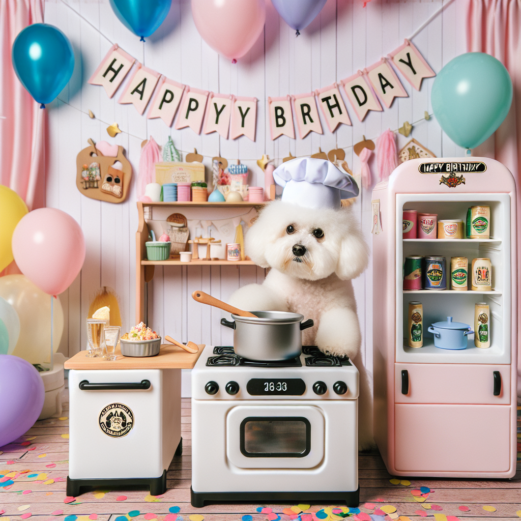 Capture a festive scene in a middle of a birthday celebration filled with pastel-colored balloons and confetti decorating the environment. In the middle of the scene, a fluffy Bichon Frise, wearing a chef's hat is situated. This adorable pet is engaged in stirring a pot placed on a diminutive kitchen playset. Adjacent to this charming canine, a pint-sized refrigerator is present with an emblem resembling a conventional beer branding. It appears as if the dog has procured some ingredient for its cooking extravaganza from this fridge. Above this pleasant spectacle, a 'Happy Birthday' banner is seen flapping. Moreover, a cartoon-style sun can also be seen grinning down, accentuating the celebratory mood.
Generated with these themes: Bichon frise cooking carling black label.
Made with ❤️ by AI.