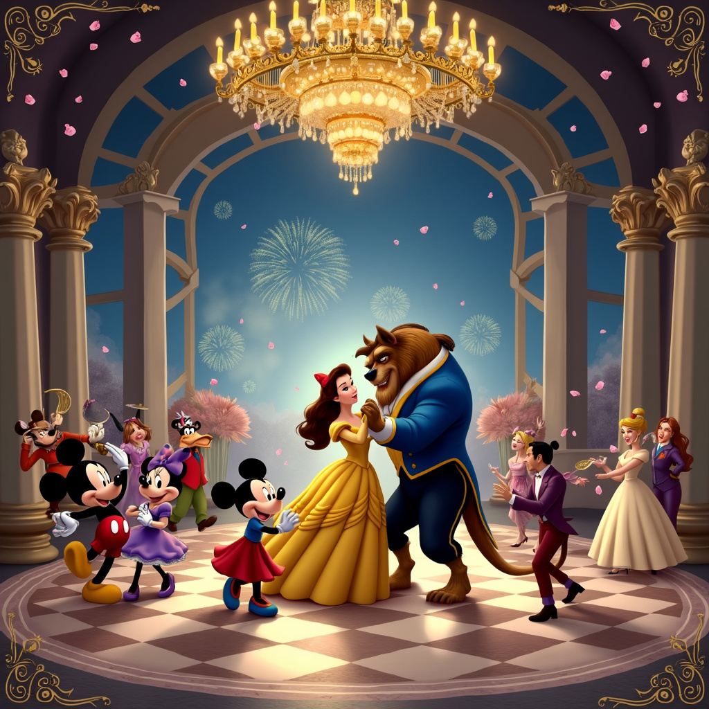 In the center of a whimsical ballroom inspired by the grand hall from Disney's "Beauty and the Beast," we see Belle and the Beast twirling in a joyful dance under a magnificent chandelier. The scene is bursting with life as they are surrounded by an eclectic mix of Disney characters who are joining in the celebration. To the left, Mickey and Minnie Mouse are attempting a synchronized dance, with Mickey holding Minnie's hand as they laugh and stumble gracefully. Nearby, Goofy is juggling plates (seemingly borrowed from Mrs. Potts and Chip, who look slightly worried but amused). At the forefront, Lumière and Cogsworth have taken a break from their duties to lead a line dance with various animated teapots and candlesticks. 

On the right side, the family element is woven in with Maurice, Belle's father, dancing happily with Mrs. Potts, while Chip giggles and plays near their feet. In the background, a large ornate window reveals a night sky filled with a display of fireworks, reminiscent of the magic of Disneyland. Above, in the corners of the card, are tiny illustrations of enchanted rose petals falling gently, adding a touch of enchantment and tying back to the Beauty and the Beast theme. The floor is a checkered marble with an intricate pattern that glistens under the chandelier’s light, and ornate golden columns line the room, giving it an air of royal festivity. This is a scene of pure jubilation, where classic Disney magic meets familial love and joyous celebration, encapsulating the spirit of a birthday party to remember.
Generated with these themes: Beauty and the beast, Disney, Dancing, and Family .
Made with ❤️ by AI.