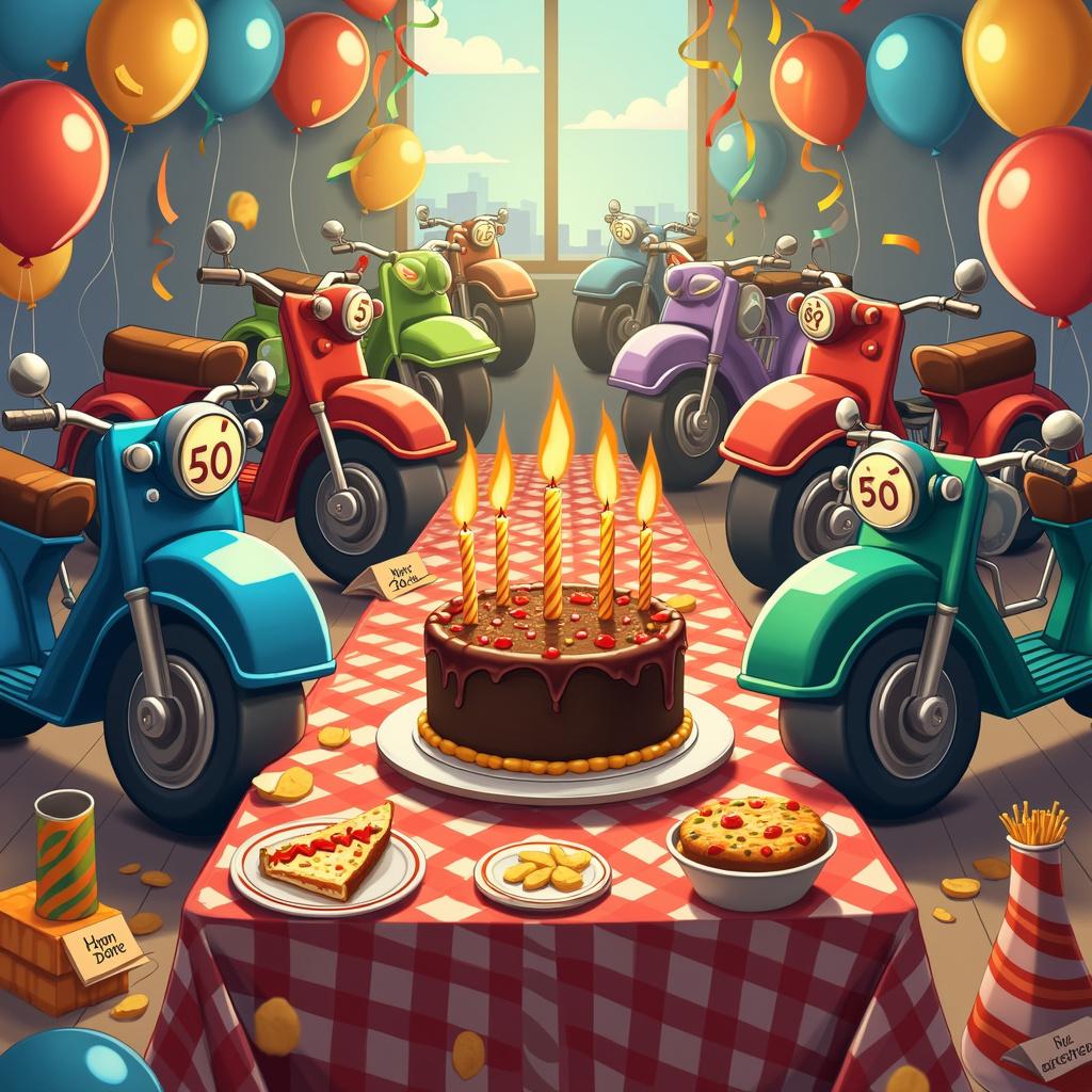 A vibrant and playful scene set in the middle of a bustling birthday party. At the center of the illustration, a large, delicious-looking chocolate cake topped with flaming candles sits atop a table draped with a red and white checkered cloth. Around the cake, an array of delightful food items such as pizza slices with gooey cheese, hotdogs with a perfect line of mustard, brightly colored cupcakes, and a bowl of chips can be seen. Radiating outwards from the feast, the room is dotted with several comically oversized motorbikes in shades of blue, red, and green, complete with exaggerated, shiny exhaust pipes and cartoonishly large wheels. The motorbikes appear to be 'parked' amongst balloons and streamers that drape across the room, with one bike sporting a large bow as if it was a gift. Each bike has a small plate attached to the front with the birthday person's name and the number corresponding to their age. In the background, guests can be seen laughing and chatting, holding small plates with samples of the party fare, making it a lively birthday bash scene.
Generated with these themes: Motorbikes, and Food.
Made with ❤️ by AI.