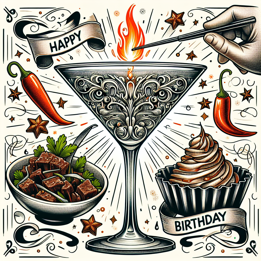 Create a captivating birthday illustration where the center of attention is a whimsically designed martini glass, with its rim intricately tattooed symbolizing an affection for art and uniqueness. The glass isn't just any regular glass but is based on the design of a dirty martini glass. Engaged in a merry dance around this centrepiece are steaming plates of chili beef, radiating a sense of bold and robust flavors. The border is further graced by caramel confections, a sweet testament to the joys of life, creating a striking interplay of contrasts.
Generated with these themes: Dirty martini, Tattoos, Chilli beef, and Caramel.
Made with ❤️ by AI.