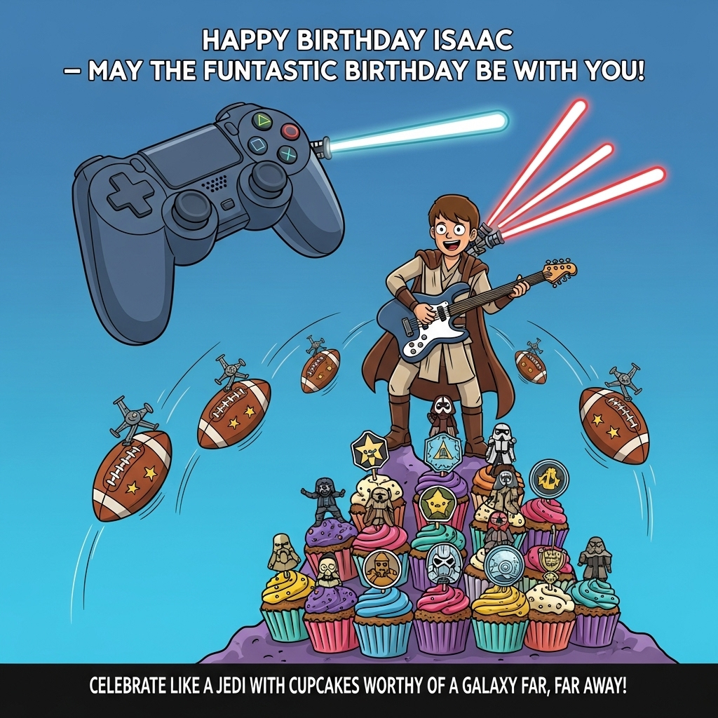 Star Wars PlayStation guitar football sweet cupcakes, and Birthday Card