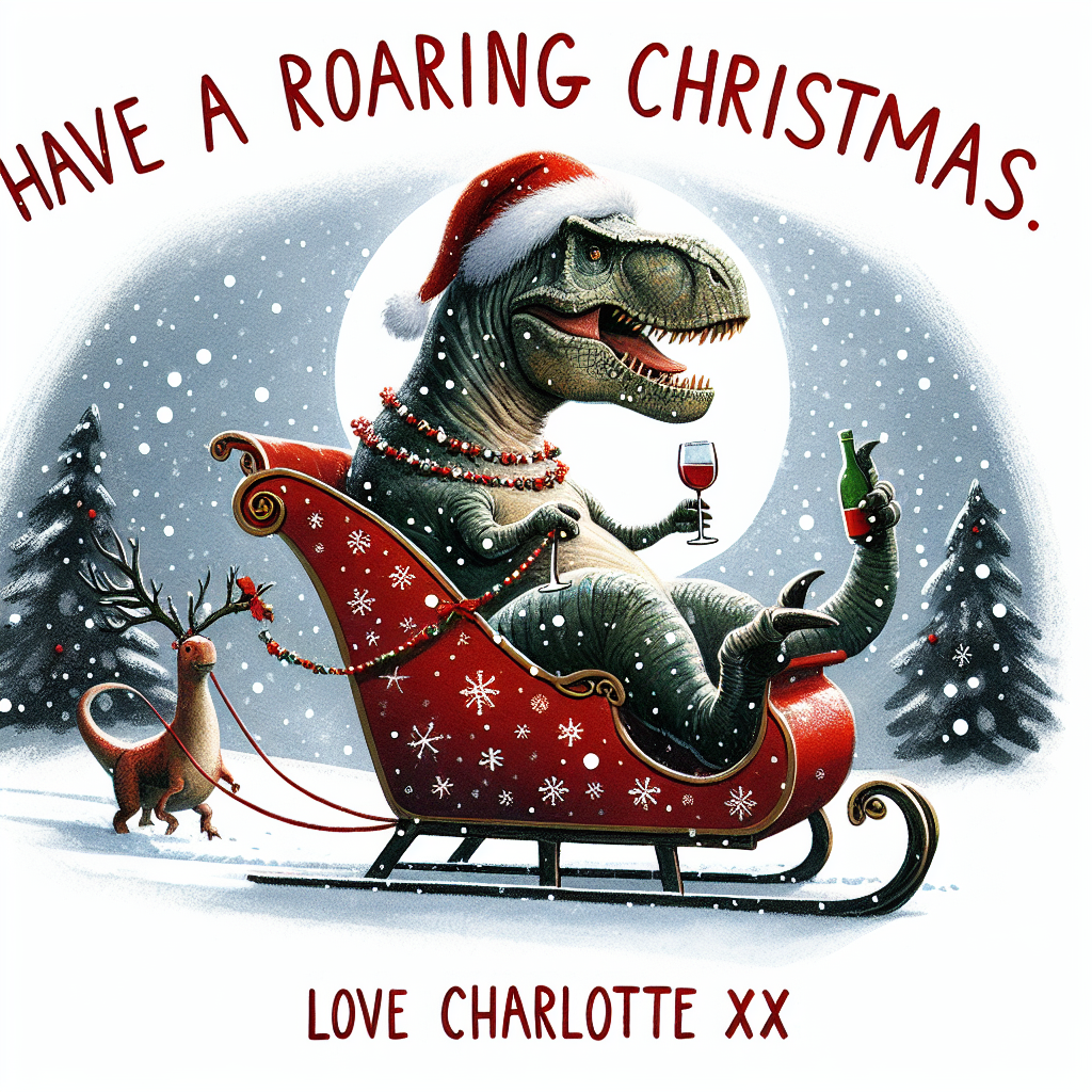 In this heartwarming Christmas illustration, a T-rex dons a spirited Christmas hat and takes the reins of a sleigh, wine glass and bottle held aloft. Falling snowflakes surround the text, 'Have a roaring Christmas. Love Charlotte xx,' which adds a loving note to the festive tableau.
Generated with these themes: T-rex with a Christmas hat on, riding a sleigh with glass of red wine in one hand and a bottle of wine in the other hand.
Made with ❤️ by AI.