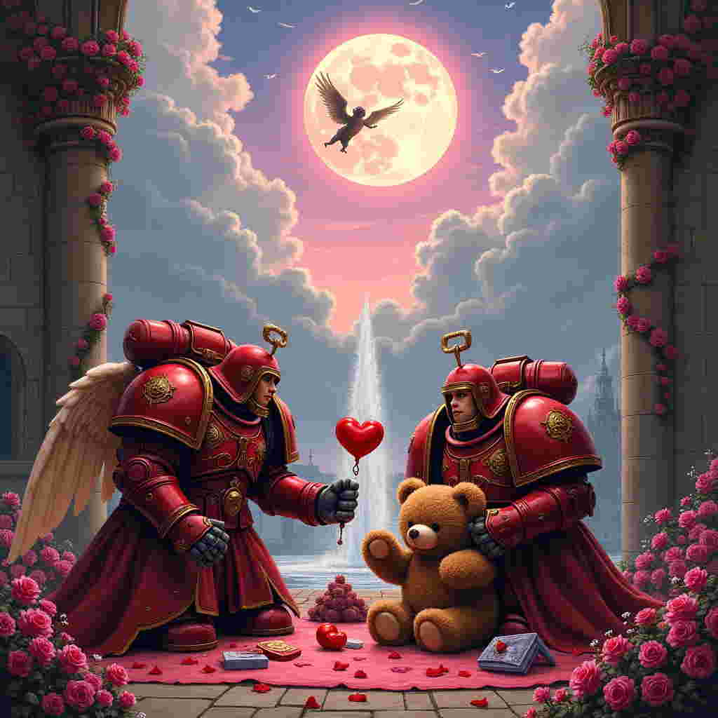 In the heart of a fantastical, vibrant landscape reminiscent of a Norman Rockwell piece fused with Warhammer’s epic grandeur, a whimsical Valentine’s Day scene unfolds. The foreground is dominated by a dramatic tableau of Blood Angels Space Marines, depicted with a Beardsley-esque flair for the ornate. They're engaged in a surreal picnic amidst the ruins of a gothic cathedral, their crimson armor gleaming under a Maxfield Parrish sky, painted with swirling hues of lavender and rose. These warriors, traditionally fierce, are tenderly offering chocolate hearts and plush teddy bears, designed with intricate Sendak-style detailing, to their surprised, chibi-sized partners.

Around them, the ruins are festooned with garlands of roses and violets, echoing Rackham’s attention to nature's whimsicality. A nearby fountain, crafted with Dore’s majestic intricacy, bubbles with frothy pink liquid, a nod to both the romance and blood that bonds them. Amidst this picturesque chaos, cherubic, winged Cupids flit about, akin to Gorey's spectral characters, leaving trails of sparkling stardust in their wake. 

High above, in a sky filled with fluffy Blake-esque clouds, the word "Matt" is artfully woven into the pattern of a contrail left by a soaring Cupid. This skywriting drifts gently past a luminous full moon, which casts an enchanting glow over the entire scene, symbolizing the message of love that transcends even the battlefield. A small detail captures the eye—a Victorian-inspired love note lies on a stone table, its envelope sealed with a heart-shaped wax stamp, waiting for the recipient to discover its sweet secrets.
Generated with these themes: Blood Angels warhammer, and Valentines.
Made with ❤️ by AI.