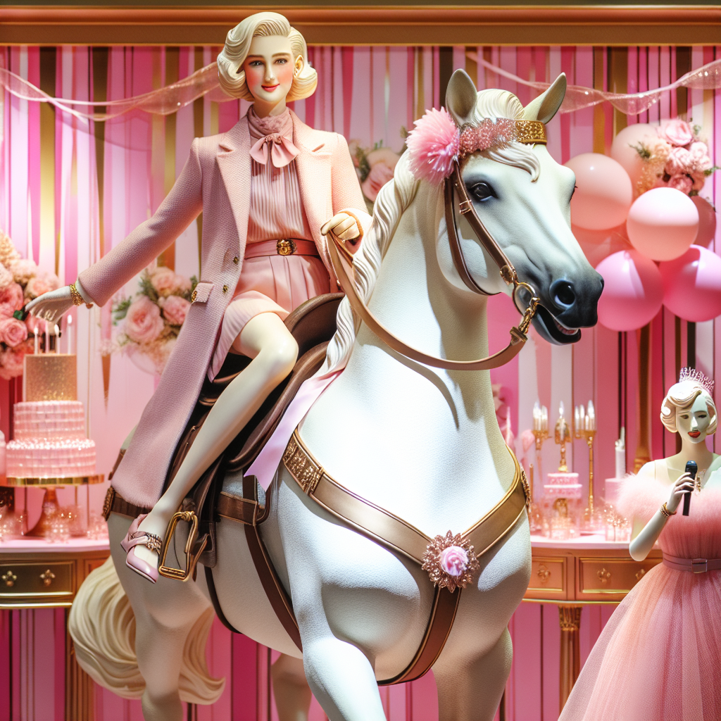 A delightful birthday setting takes center stage, featuring a life-like display where a blonde, fashionable woman with a noteworthy smile rides atop a golden horse. The horse is decked with the quiet elegance of festive ribbons harmonizing with the pink tones of the woman's outfit. The backdrop is painted with shades of pink emanating from streamers and balloons, and there's a musical ambiance provided by another stylish woman singing in a lovely pink dress, enhancing the festive mood.
Generated with these themes: Barbie riding palomino horse with a Barbie singing pink.
Made with ❤️ by AI.