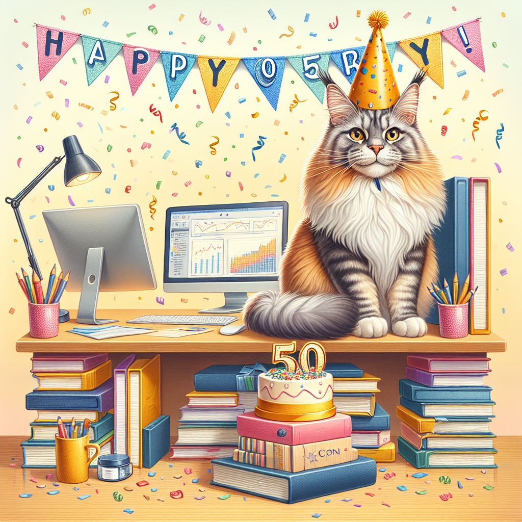 Create an illustration showcasing a charming Maine Coon cat donning a party hat. This spirited feline is majestically seated atop a stack of books that are themed around entrepreneurship. The background has a cheerful atmosphere, featuring a decorative banner that reads 'Happy 50th, Nena!' amid falling confetti in a plethora of colors. An adorably scaled-down office setup, filled with a miniature computer and charts, cleverly pays tribute to the esteemed entrepreneurial persona of Nena.
Generated with these themes: Entrepreneur, Maine coon cats, 50th, and "Nena".
Made with ❤️ by AI.