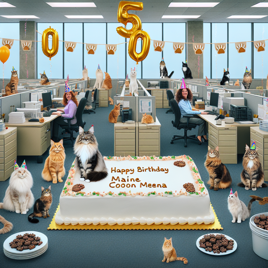 Create a festive office party scene with Maine Coon cats personified as employees. They are gathered to celebrate the 50th birthday of a beloved colleague named Nena. The scene is buzzing with jovial activity. At the center of the office space, there's a large cake adorned with edible decorations symbolizing business success. Nena's name is elegantly iced on top of the cake. In the corner, helium balloons attached to string float above the ground, each emblazoned with the number '50'. Paw print decorations are scattered around the office, acknowledging Nena's enthusiasm for her feline friends.
Generated with these themes: Entrepreneur, Maine coon cats, 50th, and "Nena".
Made with ❤️ by AI.