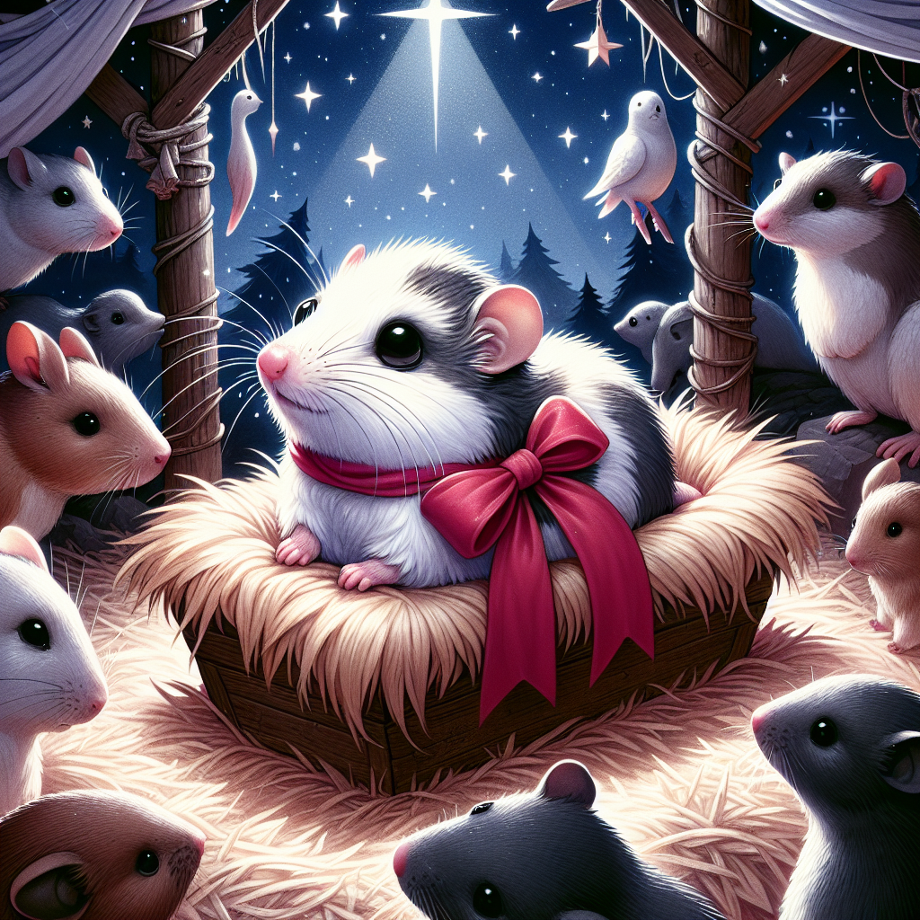 This heartwarming illustration presents a shrew as the unexpected star of a nativity scene, with a backdrop of Bethlehem's starry night. Wrapped snugly in a bright red ribbon bow, the shrew lies in a manger, with animals peering curiously at this tiny, festive intruder, creating an adorable twist on the classic Christmas imagery.
Generated with these themes: Shrew.
Made with ❤️ by AI.