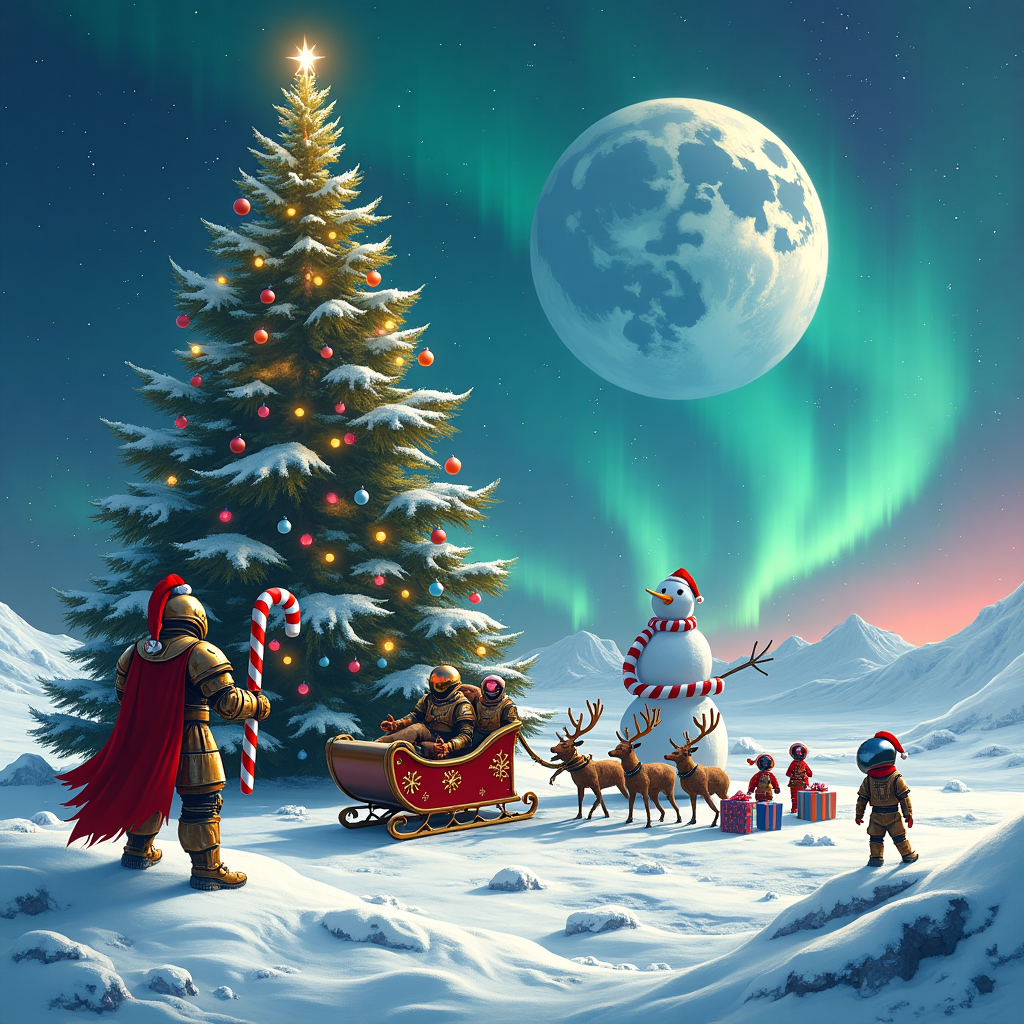 In this surreal Christmas-themed illustration, imagine a snow-dusted landscape on a distant planet where a festive celebration is underway. At the center stands a towering, beautifully decorated Christmas tree that seems to defy gravity, its sparkling baubles and glowing fairy lights floating around it like tiny satellites. Surrounding the tree, a group of Space Marines, clad in gleaming, futuristic armor reminiscent of medieval knights, are joyously engaged in their own unique holiday traditions. One Space Marine, with an antlered helmet and a flowing red cape, is holding a massive candy cane like a battle axe. Another is perched on the edge of a metallic sleigh, painted in vivid shades of crimson and gold, being pulled by mechanical reindeer with twinkling LED noses. The ground is a patchwork of iridescent ice crystals that glisten under the ethereal glow of an enormous full moon, whose surface reveals an intricate maze of frosted snowflakes. In the sky, an aurora borealis swirls in hues of emerald and violet, casting a magical sheen over the entire scene. In the distance, a colossal snowman, built from shimmering stardust and topped with a space helmet, watches over the festivities with a cheerful grin. To add a touch of whimsy, a squadron of tiny elves in spacesuits can be seen preparing presents on the nearby landing pad, their nimble fingers assembling gifts with the precision of a skilled artisan. This otherworldly gathering combines the enchantment of a traditional Christmas with the adventurous spirit of a cosmic journey, making it a truly unique greeting card cover.
Generated with these themes: Space marine.
Made with ❤️ by AI.