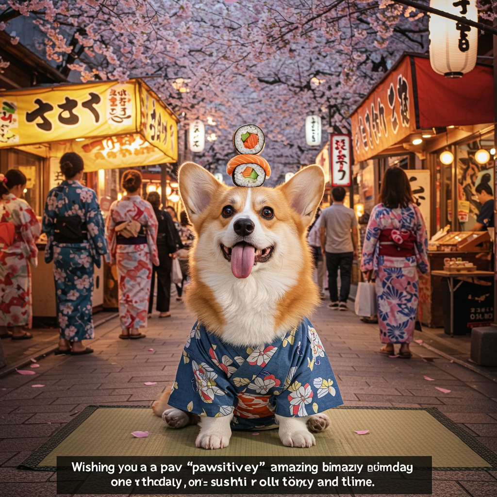 **Prompt for Image Creation:**

Imagine a picturesque street in Tokyo, Japan, bathed in the soft glow of lanterns during an early evening. In the foreground, a charming corgi, wearing a traditional Japanese yukata (summer kimono), is sitting proudly on a tatami mat. The corgi's tongue is out, adding a playful expression to its face, as it mischievously balances a sushi roll on its nose. 

Behind the corgi, cherry blossoms gently float through the air, adding a touch of magic to the scene. A bustling crowd of people strolls in the background, some wearing vibrant kimonos, while others capture the moment on their cameras. The street is lined with small, colorful stalls offering an array of delectable Japanese treats.

To add a dash of humor, include a small text caption at the bottom of the image: "Wishing you a 'pawsitively' amazing birthday, one sushi roll at a time!"

This image should exude warmth and humor, with every detail meticulously crafted to achieve a photorealistic appearance, from the fur of the corgi to the intricate patterns on the yukata and the vibrant cherry blossoms dancing in the air.
Generated with these themes: Japan, Corgi , and .
Made with ❤️ by AI.