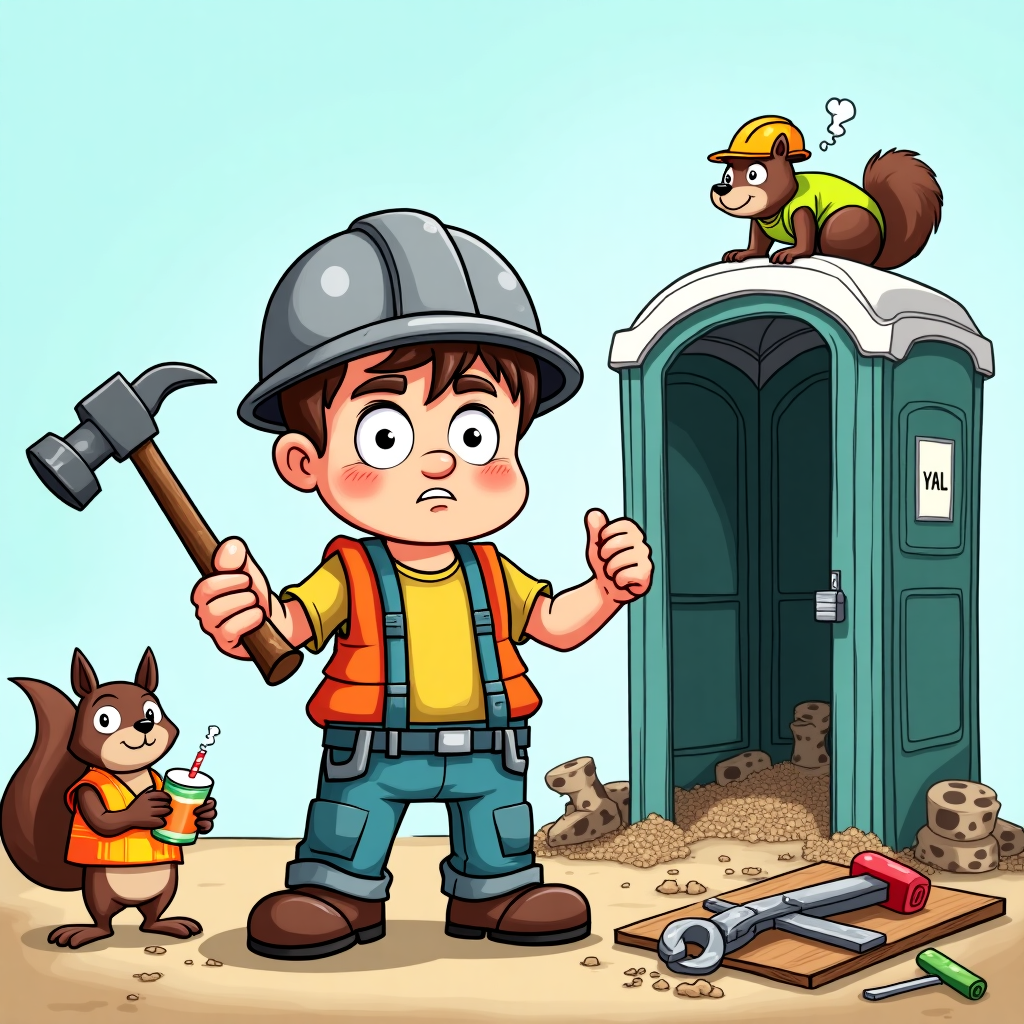 **Prompt:**

At the top of the cartoon image, “Happy Birth-dig Bobby – May your tools survive longer than the porta potty!”

A funny cartoon-style construction site scene. Front and center is a slightly disheveled construction worker named Bobby wearing a grey hard hat and holding a shattered hammer with a puzzled look. Behind him, a porta potty door is off its hinges, barely standing, with comedic fumes wafting out in exaggerated cartoon style. A mischievous squirrel in a hi-vis vest is scampering off with a wrench. Next to Bobby, his lunch—an oversized sandwich and spilled drink—has been accidentally smashed under a fallen plank. In the background, more broken tools are scattered and taped together with chewing gum and band-aids. Add bold, vibrant colors and exaggerated expressions to amplify the humor.
Generated with these themes: Worker in Grey Hard Hat, Porta Potty, Broken Tools, and Food.
Made with ❤️ by AI.