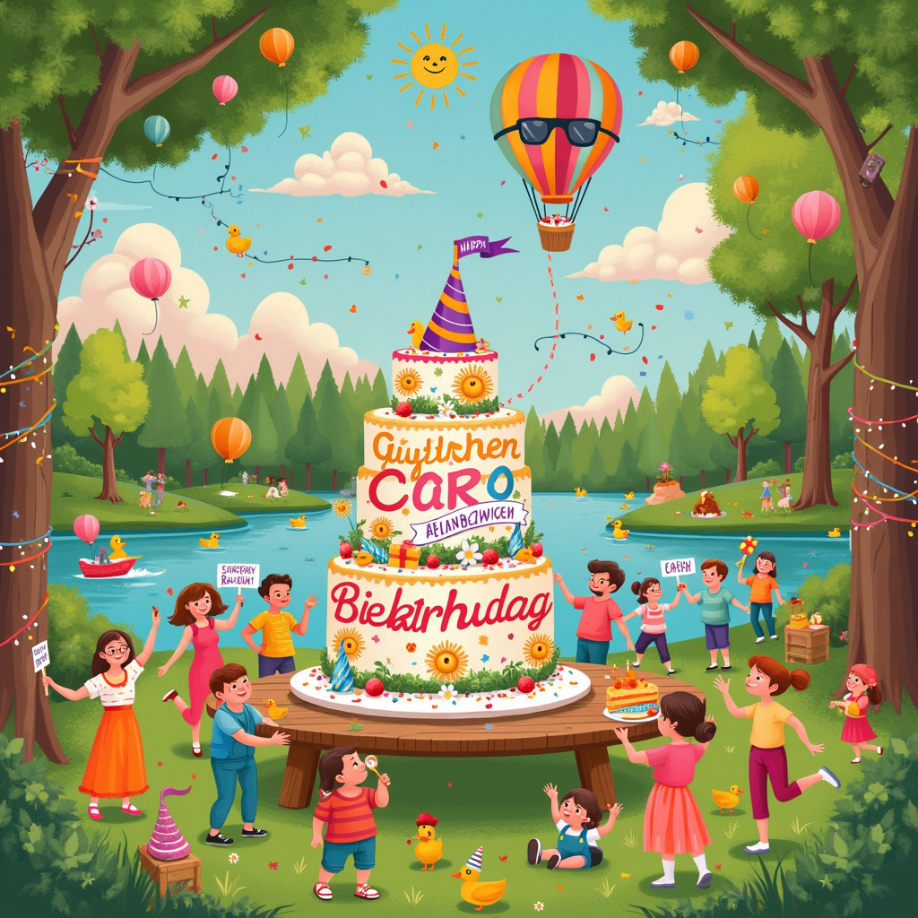 The front cover of the birthday card is a bustling and delightful park scene, brimming with quirky, fun details that celebrate Caro's special day. In the center of the card, a large, beautifully decorated picnic table is laden with a colorful, three-tiered birthday cake that spells out "Herzlichen Glückwunsch zum Geburtstag, liebe Caro!" in elaborate icing. Each tier of the cake features a different scene: the bottom tier depicts cheerful party hats, the middle tier has balloons and streamers, and the top tier showcases mini fireworks.

Surrounding the picnic table, a lively group of Caro’s friends and family are enjoying the celebration. They are all dressed in bright, whimsical outfits, with some holding signs that read, "Ich wünsche dir einen fantastischen Tag voller Freude, guter Laune und unvergesslicher Momente!" The signs are adorned with playful illustrations of smiling suns, musical notes, and confetti.

In the sky above, a hot air balloon floats serenely, with a banner trailing behind it that reads, "Alles Liebe für das neue Lebensjahr! 🌟." The balloon itself is painted with vibrant colors and features a happy sun with sunglasses. Around the hot air balloon, fluffy clouds spell out "Caro" in an airy, whimsical font, ensuring her name is prominently displayed in the scene.

In the background, there is a serene lake with ducks wearing tiny party hats, adding a touch of humor. Nearby, a group of children are playing with a piñata shaped like a giant smiling cupcake. The trees surrounding the park are adorned with twinkling fairy lights and ribbons, adding a festive ambiance to the scene.

Overall, the card front is a joyous, intricate depiction of a birthday celebration, filled with delightful, quirky elements that bring the themes to life in a unique and memorable way.
Generated with these themes: Herzlichen Glückwunsch zum Geburtstag, liebe Caro! 🎉 Ich wünsche dir einen fantastischen Tag voller Freude, guter Laune und unvergesslicher Momente. Alles Liebe für das neue Lebensjahr! 🌟.
Made with ❤️ by AI.