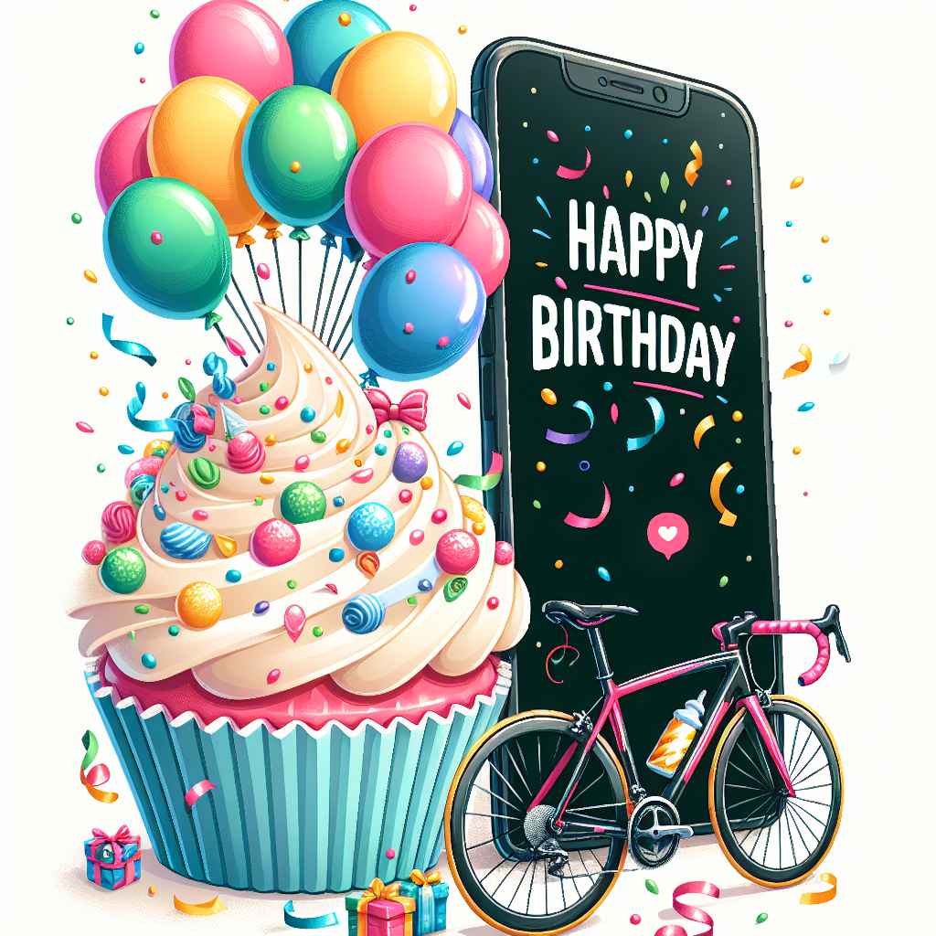 A festive illustration with a birthday theme. The main focus is on a road bike leaning against a colossal frosted cupcake. The bike is vividly decorated with a variety of colorful balloons and multiple lively streamers. Sitting on the seat of the bicycle, there is a mobile phone. The phone's screen is glowing, bearing a heartfelt birthday message that is framed with joyful digital confetti sprinkling all over the screen.
Generated with these themes: Road bike, and Mobile phone.
Made with ❤️ by AI.