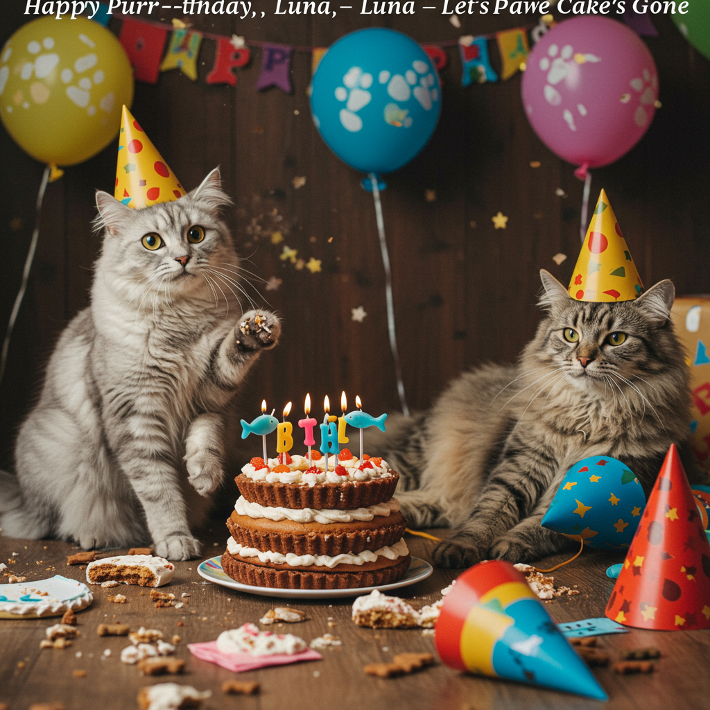 **Prompt:**  
At the top of the realistic photograph image, "Happy Purr-thday, Luna – Let's Paw-ty Till the Cake's Gone!"  

A hilarious and highly realistic photograph-style image of two fluffy cats mid-birthday celebration. On the left, a light gray Norwegian Forest Cat stares wide-eyed at a triple-layer birthday cake topped with fish-shaped candles, one paw sneakily reaching out. On the right, a brown and gray Siberian cat lounges on its side in front of scattered wrapping paper and knocked-over party hats. Both cats wear bright, colorful cone-shaped party hats (one askew for added comedic flair), and the background features festive streamers and paw-print balloons. Crumbs, cat treats, and frosting are humorously smeared around the scene as if a chaotic kitty bash has just peaked. The lighting and textures give it a photo-realistic look—think detailed whiskers, soft fur, and the gleam of candlelight on cat eyes.
Generated with these themes: Light gray Norwegian Forest Cat with a birthday cake and brown and gray Siberian cat.Both cats have party hats on..
Made with ❤️ by AI.