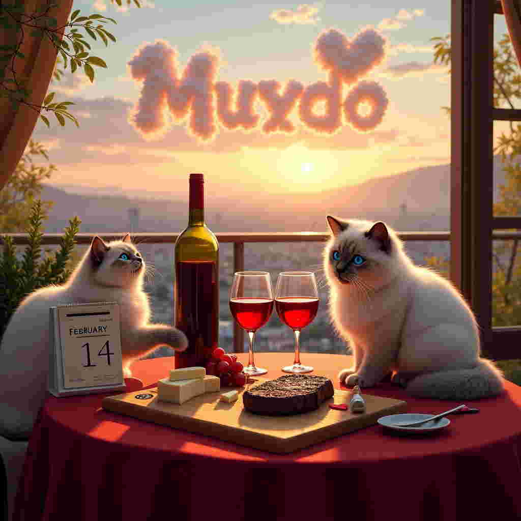 The scene unfolds on a cozy, intimate terrace, overlooking a shimmering cityscape bathed in the soft, rosy glow of a setting sun. A rustic wooden table sits at the heart of the scene, adorned with a rich crimson tablecloth that cascades over the edges, hinting at the romance of the evening. On the table, an elegant bottle of red wine stands uncorked beside two crystal glasses, the ruby liquid casting delicate reflections of light. A wooden cheese board displays an array of cheeses, their creamy textures enticingly paired with clusters of grapes and a small knife poised nearby. Next to this, a perfectly cooked steak rests on a plate, juices glistening and adorned with a sprig of rosemary. To the left, a vintage calendar displays the date, February 14th, with a red heart doodled around the number.

Two fluffy Ragdoll cats, with their iconic blue eyes and soft fur, lounge comfortably on the edge of the table. One cat playfully bats at the dangling cork from the wine bottle, while the other seems utterly fascinated by the cheese, paw gently resting on the board as if claiming it. Above this charming scene, the sky serves as a canvas with clouds whimsically shaped into the name "Murdo," softly illuminated by the setting sun, adding a personal touch to the enchanting atmosphere. This thoughtful detail ties together the elements of love, indulgence, and personal connection, making it the perfect Valentine's Day scene for a greeting card.
Generated with these themes: Ragdoll cats, Red wine, Cheese, Date, Steak, and .
Made with ❤️ by AI.