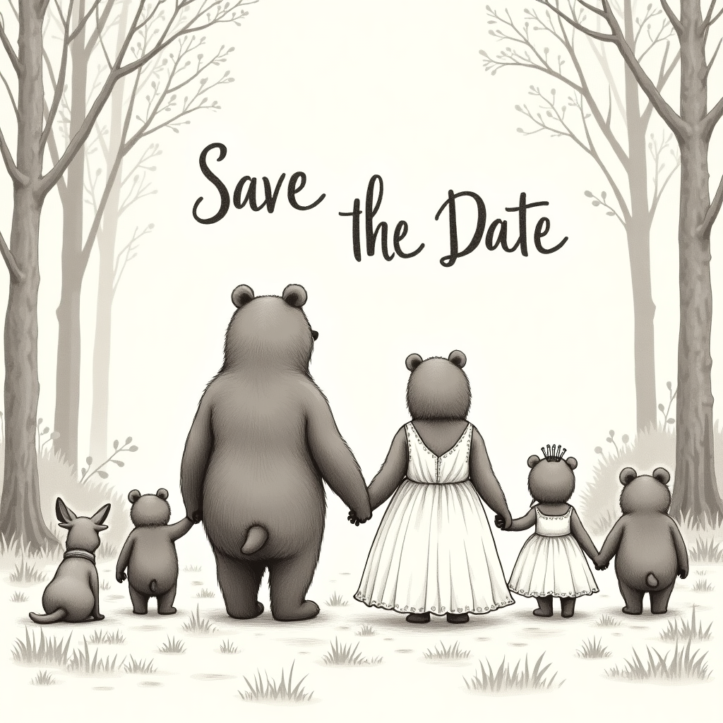 **Prompt:**  
A whimsical pencil line illustration of a wedding-themed forest scene inspired by Goldilocks and the Three Bears. Four characters are seen from behind, walking into a lush forest: Daddy Bear is dressed in a groom's suit, holding the hand of little Boy Bear (to his left), and with his other hand, he's holding the hand of Goldilocks, who is dressed as a glowing bride. On Goldilocks' other side, she's holding hands with a small Girl Bear, completing the family-like line. A small brown dog with large, pointy ears sits beside the Boy Bear, also facing the forest, ears perked in curiosity. Above them, whimsical handwritten text floats reading, “Save the Date.” The drawing is full of charm and character, capturing the quirky moment with gentle humor and love. Style: pencil line drawing, with subtle texture and a storybook-like warmth.
Generated with these themes: 3 bears and goldilocks. 1 bear is a boy bear, holding daddy bears hand. Daddy bear is dressed as a groom. Daddy bear is holding golilocks hand. Goldilocks is dressed as a bride. Goldilocks is standing next to a girl bear, the girl bear is holding goldlocks hand. They are all facing away from the camera, looking into a forest. There is asmall brown dog beside the boy bear with pointy ears that stock up facing the same direction and sitting down. It says ''Save the date'' above them. This is a pencil line drawing.
Made with ❤️ by AI.