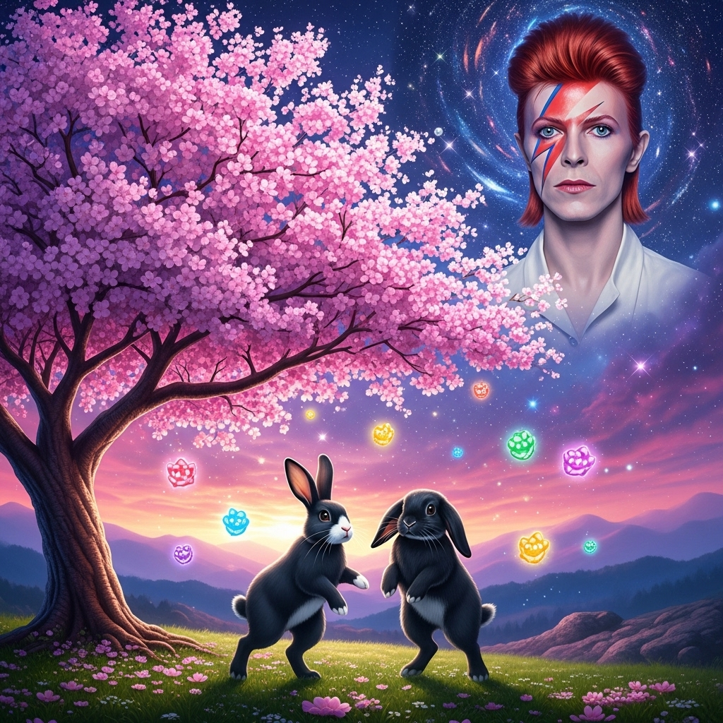 Cherry tree, Black rabbit with white nose , Black lop rabbit, David Bowie , Sweeties , and Birthday Card