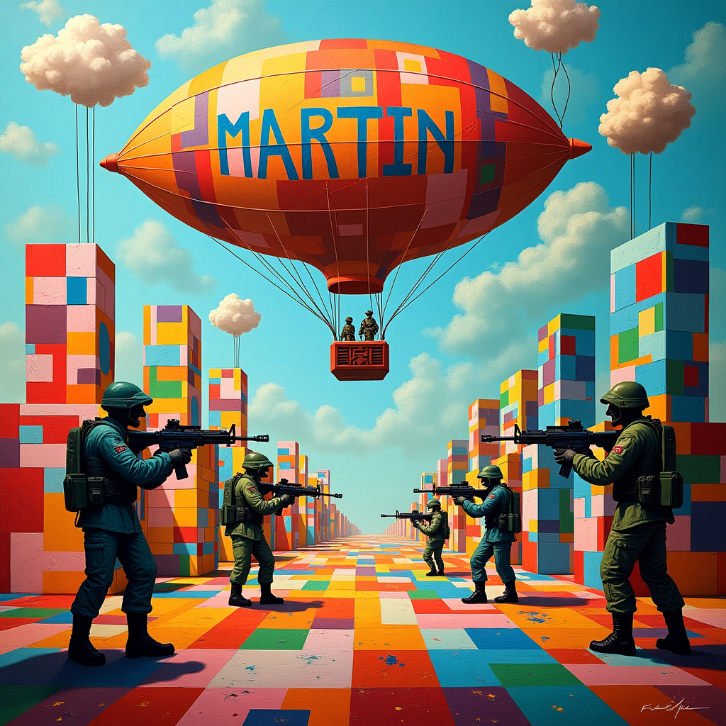 In this whimsical abstract sympathy scene, we start with a kaleidoscope of colors reminiscent of Kandinsky's playful shapes, blending into geometric patches of bold primary hues in a Mondrian-esque fashion. These colors form a digital battleground where pixelated soldiers—reminiscent of a vintage video game—engage in a playful airsoft skirmish. Their "weapons" are absurdly oversized and cartoonish, with paint splatters mimicking Pollock's wild strokes, dotting the canvas in vibrant bursts. Amidst this chaos, towering block-like formations suggest the presence of military barracks, each adorned with Rothko-inspired rectangles in deep, introspective shades. Hovering above, a sky filled with Miró-style whimsical swirls and dots features clouds shaped like classic computer monitors. The screens flash abstract matrix codes, hinting at the involvement of some grand, invisible digital strategist. At the center of this colorful pandemonium, a giant balloon-like airship floats, tethered to the ground by tangled cords of de Kooning-esque gestural lines. On the side of this airship, "Martin" is emblazoned in a vibrant and dynamic font, as if painted by the hand of Cy Twombly himself, its loops and curls offering a subtle tribute to the recipient. The whole scene is a tapestry of organized chaos, melding the themes of airsoft, army, and computer into a single, harmonious expression of abstract art, inviting Martin to find a moment of levity amidst the symphony of color and form.
Generated with these themes: Airsoft, Army, and Computer.
Made with ❤️ by AI.