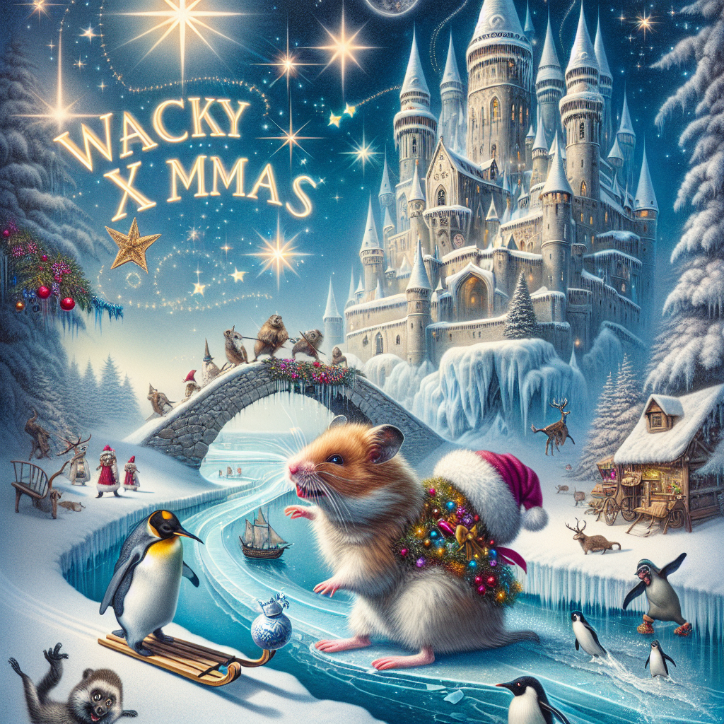 Imagine a Christmas dreamscape where a hamster, decked in festive attire, expertly navigates a penguin through an icy course. Above them, the majestic Hogwarts castle sits bathed in soft moonlight, emanating a sense of wonder and magic. 'Wacky Xmas' is playfully written in the sky, blending seamlessly with the twinkling stars, contributing to the overall surrealism of the artwork.
Generated with these themes: Hamster riding a penguin, Hogwarts, and Moonlight.
Made with ❤️ by AI.
