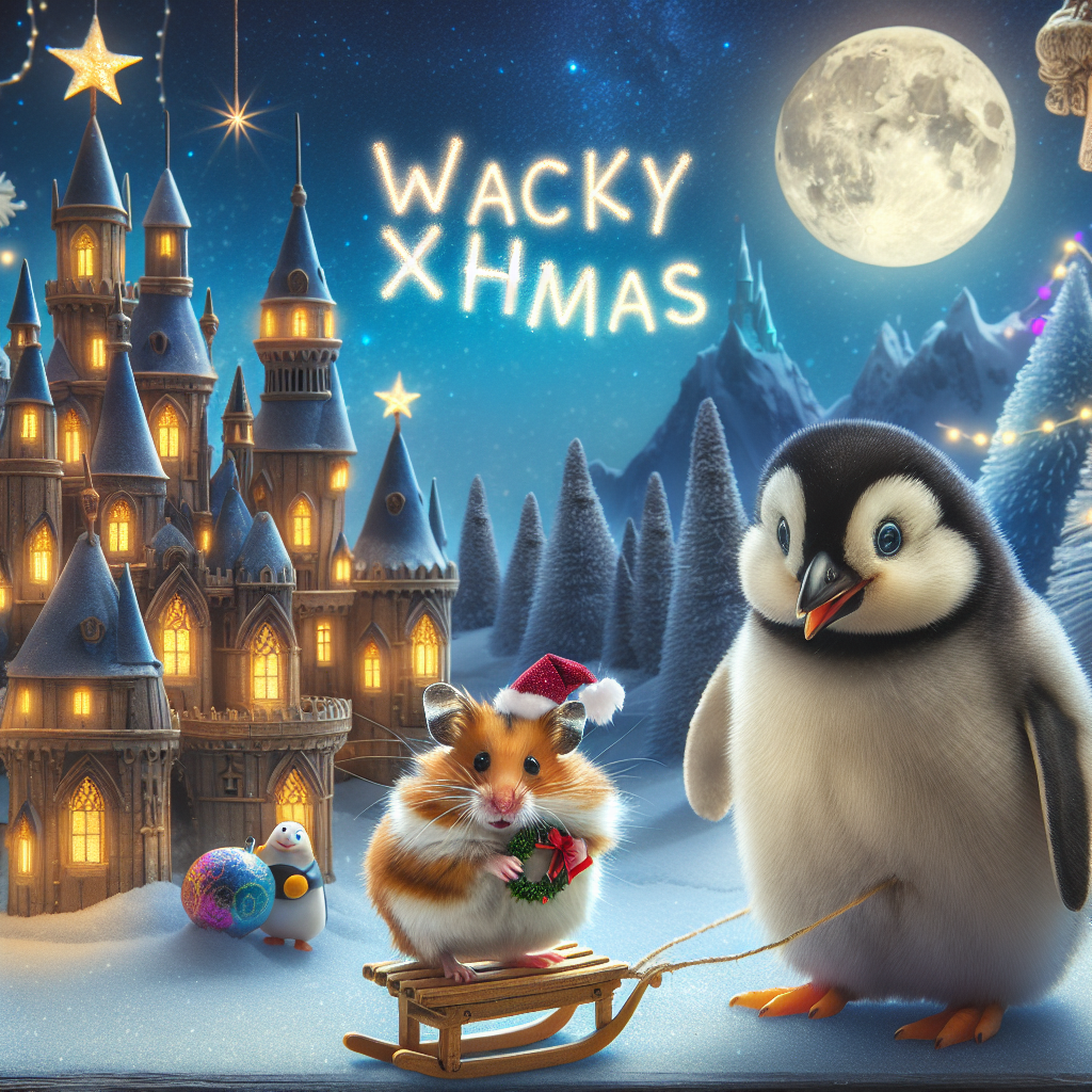 In this curious Christmas panorama, a tiny hamster, full of holiday spirit, skillfully steers a friendly penguin beneath the moonlit sky. In the faint distance lies Hogwarts, each spire and window aglow with enchanted moonlight, contributing to an overall atmosphere of fantasy. 'Wacky Xmas' is etched whimsically into the night, framing this festive, surreal escapade.
Generated with these themes: Hamster riding a penguin, Hogwarts, and Moonlight.
Made with ❤️ by AI.